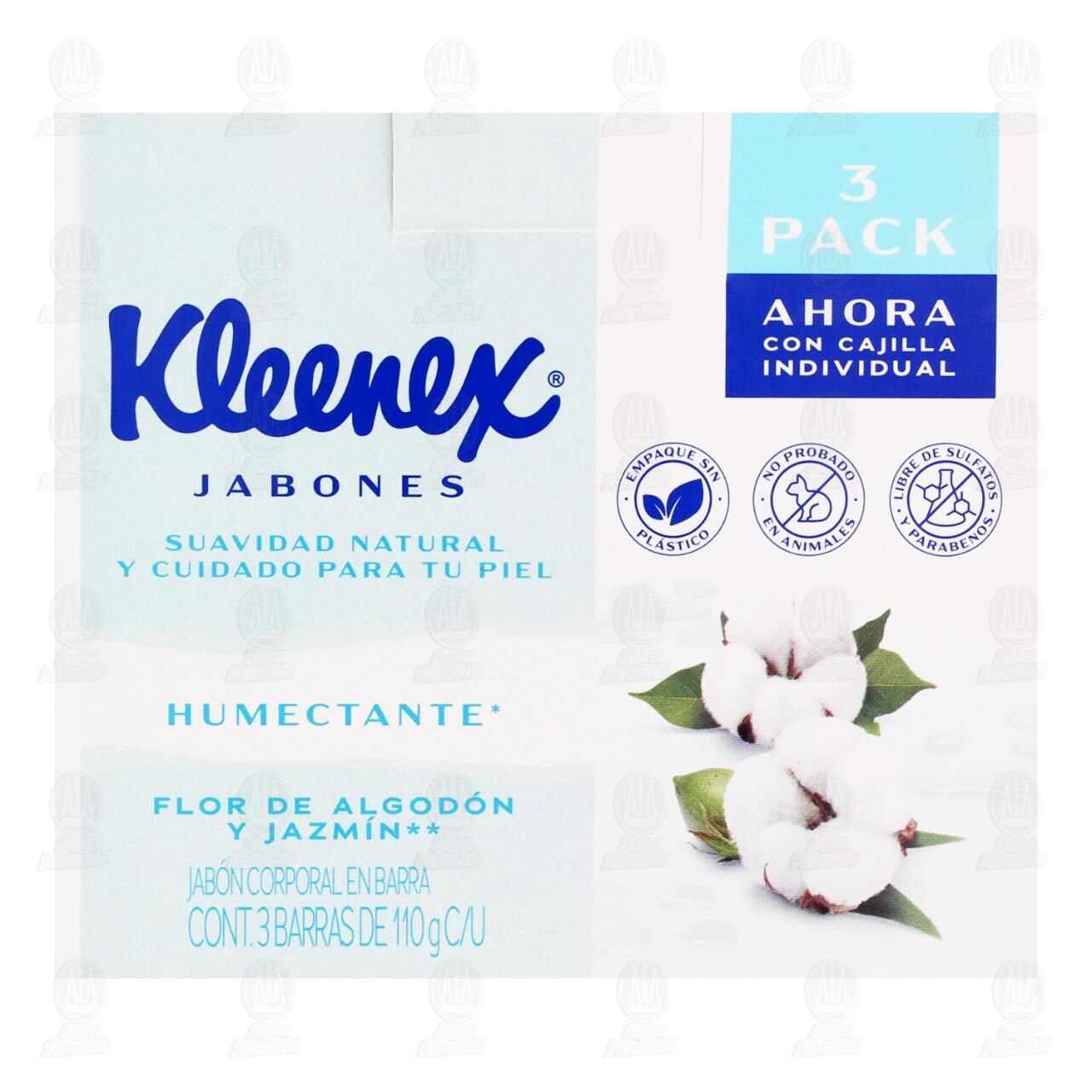 Pack Jab&oacute;n Kleenex Humectante Flor de Algod&oacute;n y Jazm&iacute;n, 3 Barras de 110 gr c/u. image number 1