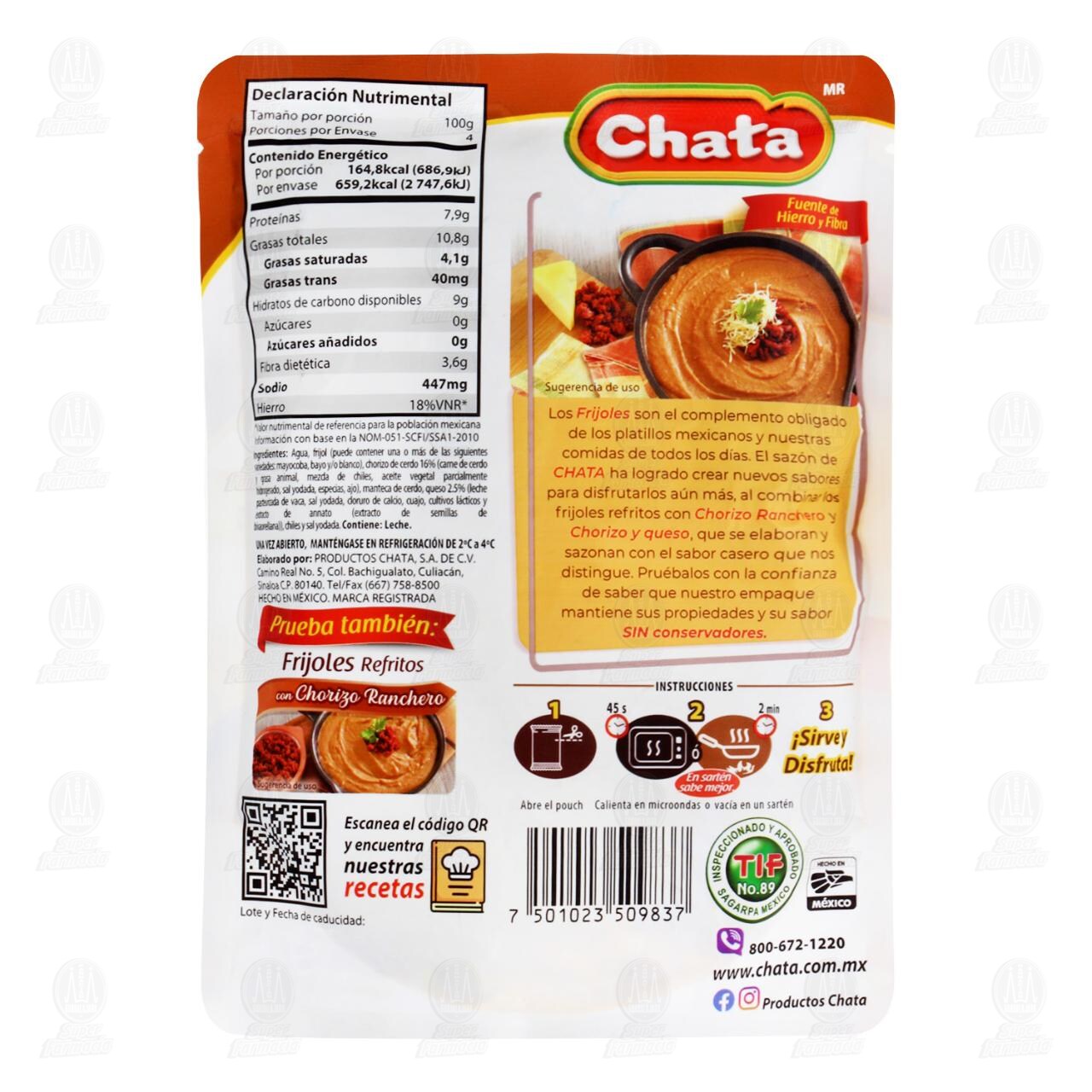 Frijoles Chata Refritos con Chorizo y Queso, 400 gr. image number 1