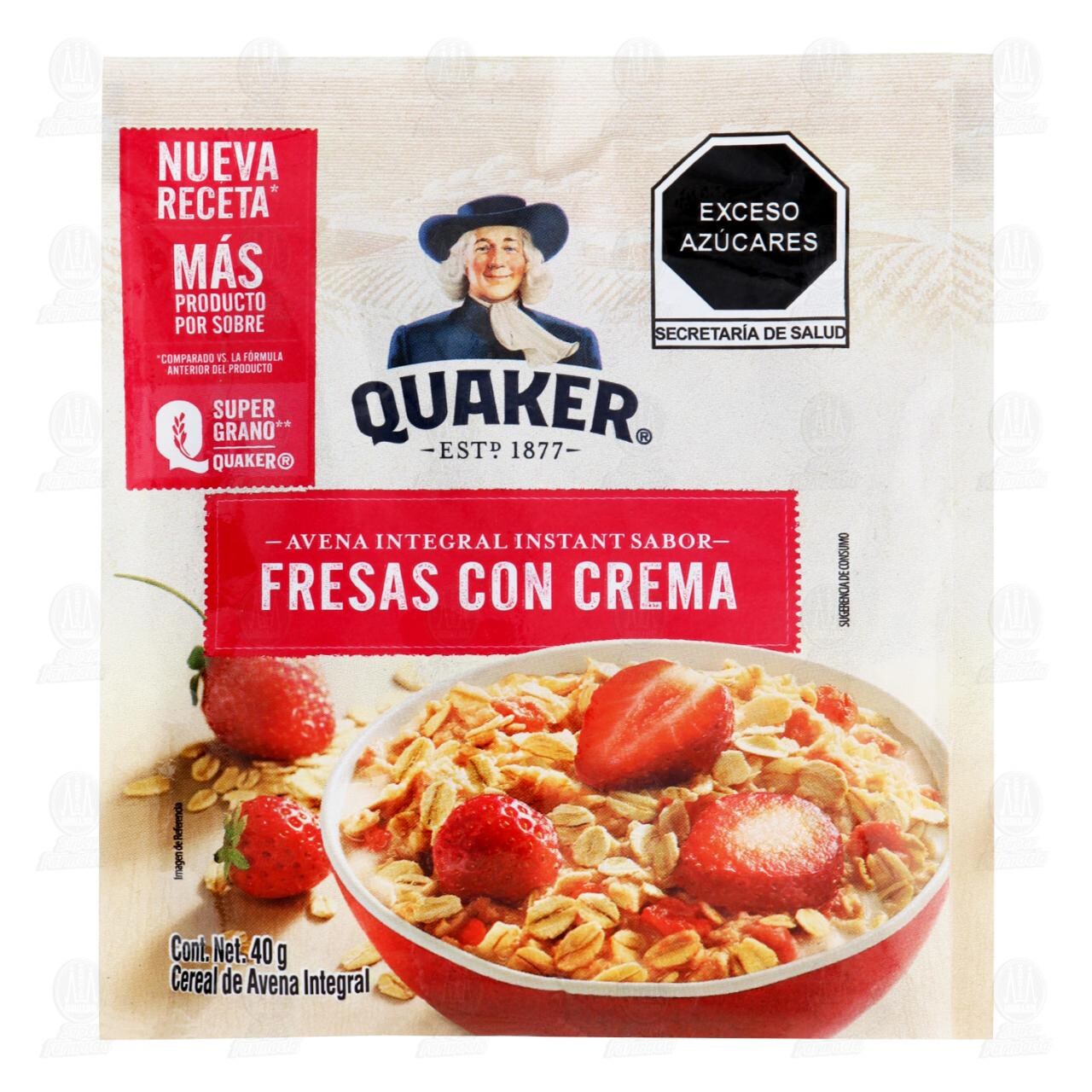 Avena Integral Instantánea Quaker Sabor Fresas con Crema, 40 gr.