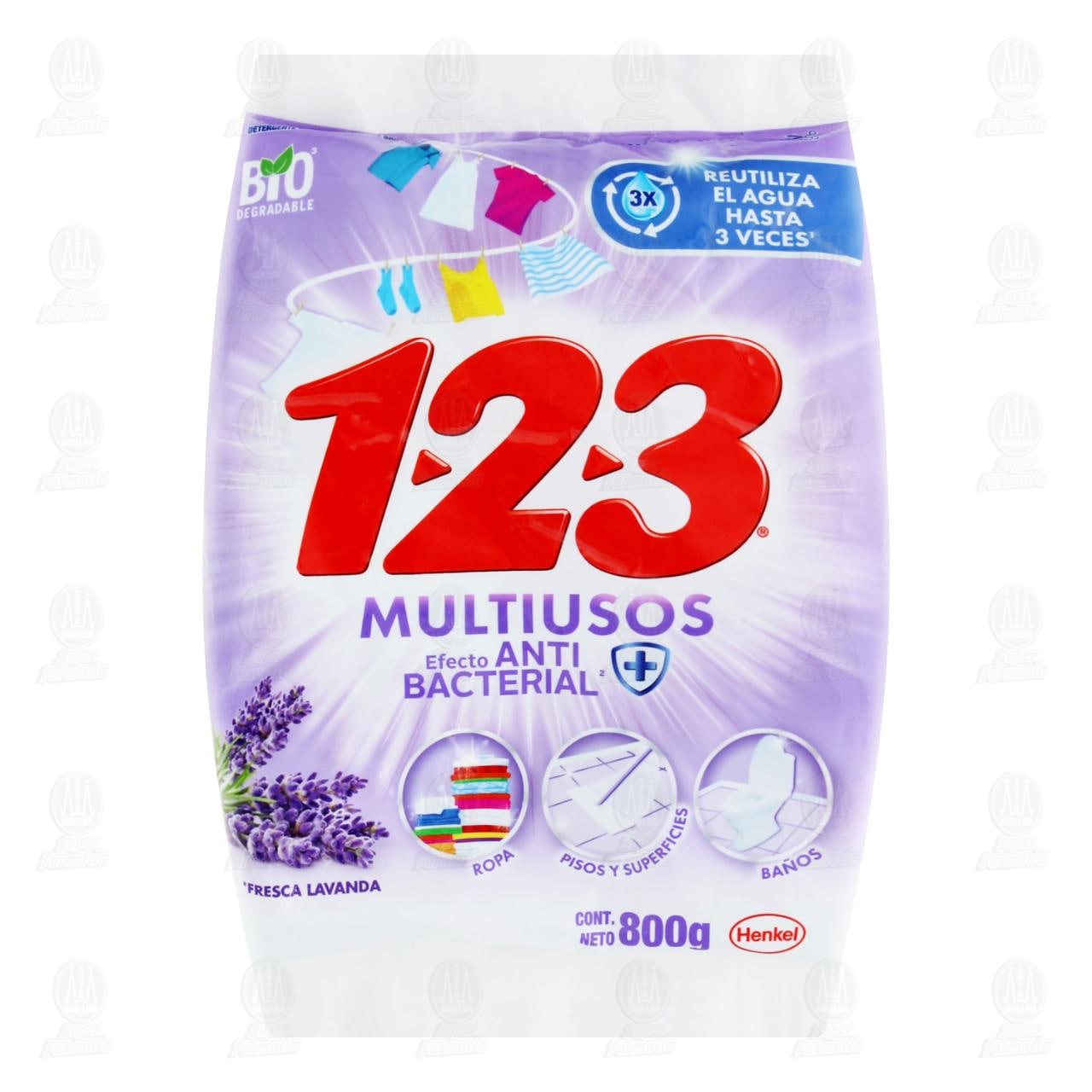 Imagen para Detergente en Polvo 1-2-3 Multiusos efecto Antibacterial Aroma Fresca Lavanda, 800 gr.