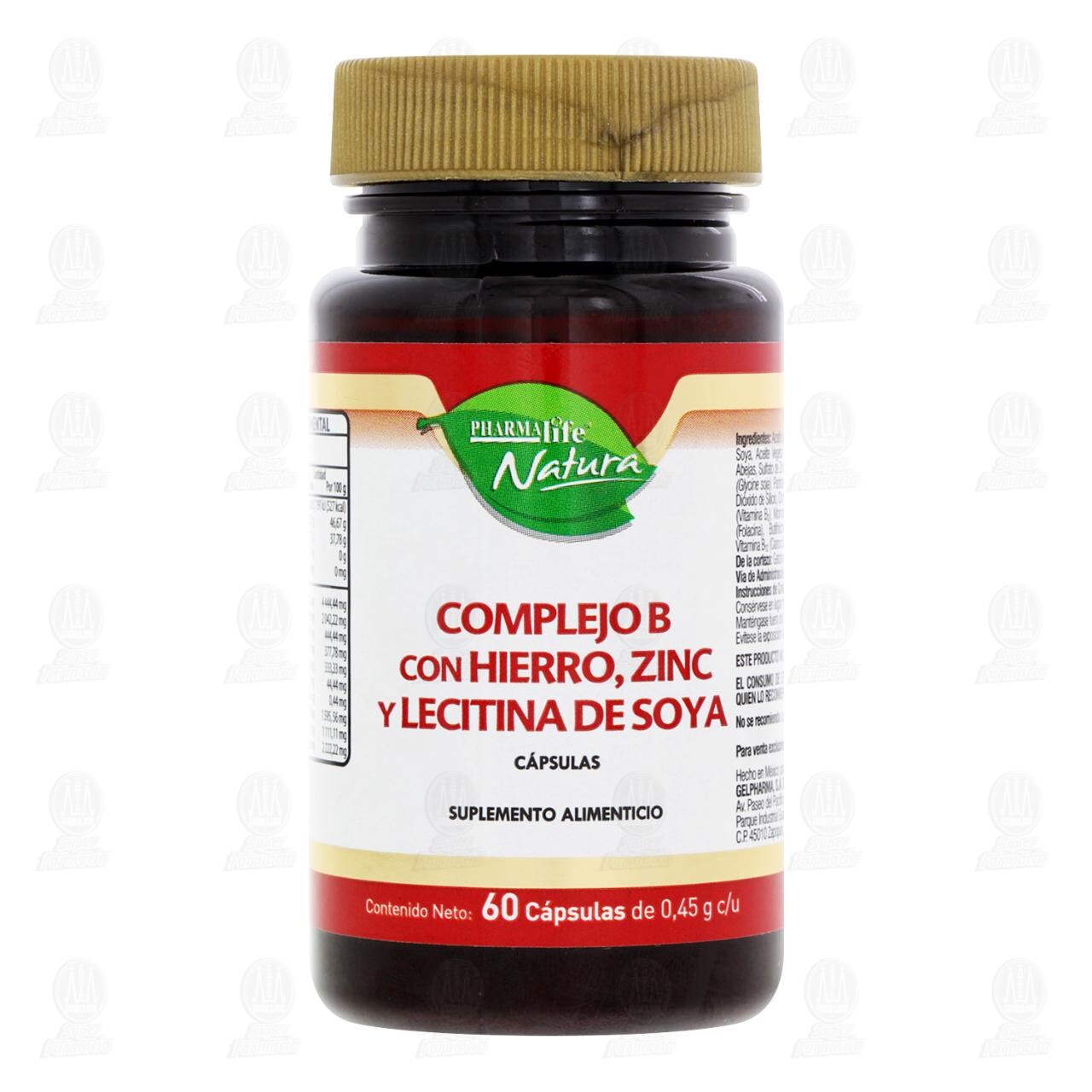 Complejo B con Hierro Zinc y Lecitina de Soya, 60 Cápsulas Pharmalife Natura. image number 1
