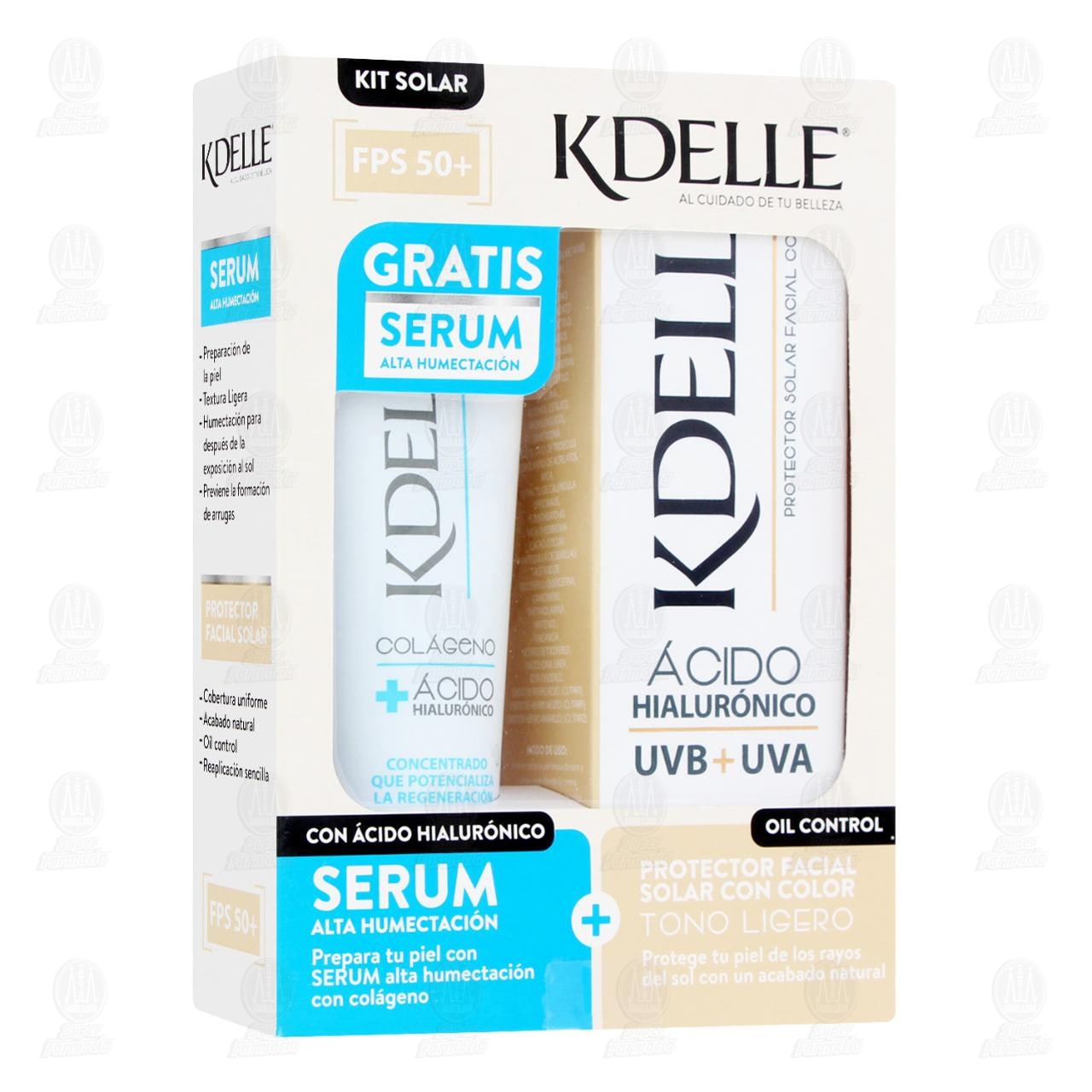 Imagen para Kit Solar Kdelle FPS 50+ Protector Solar Facial con Color Tono Ligero + Gratis Serum Alta Humectación, 2 pzas.