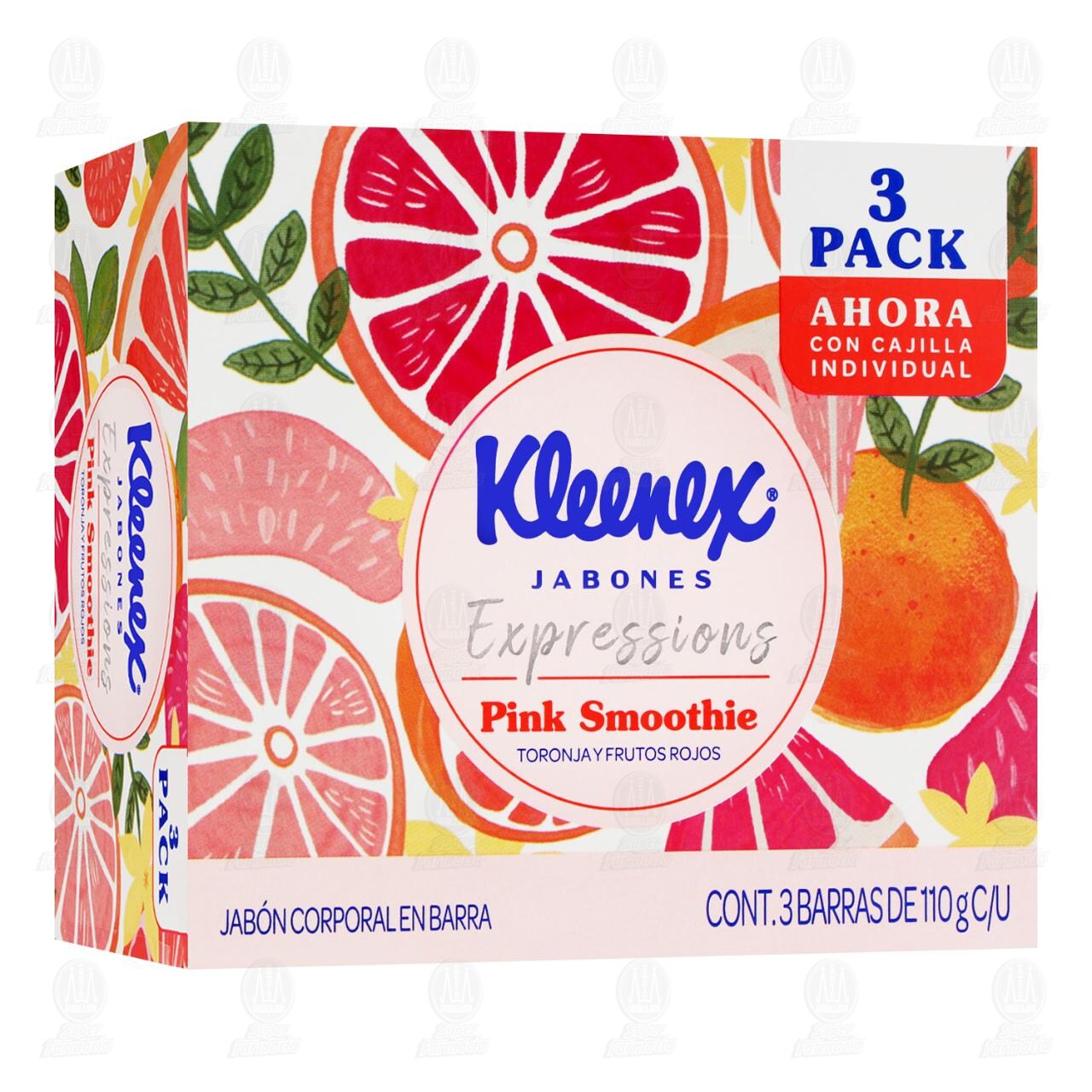 Pack Jabones Kleenex Expressions Pink Smoothie Toronja y Frutos Rojos, 3 barras de 110 gr c/u.