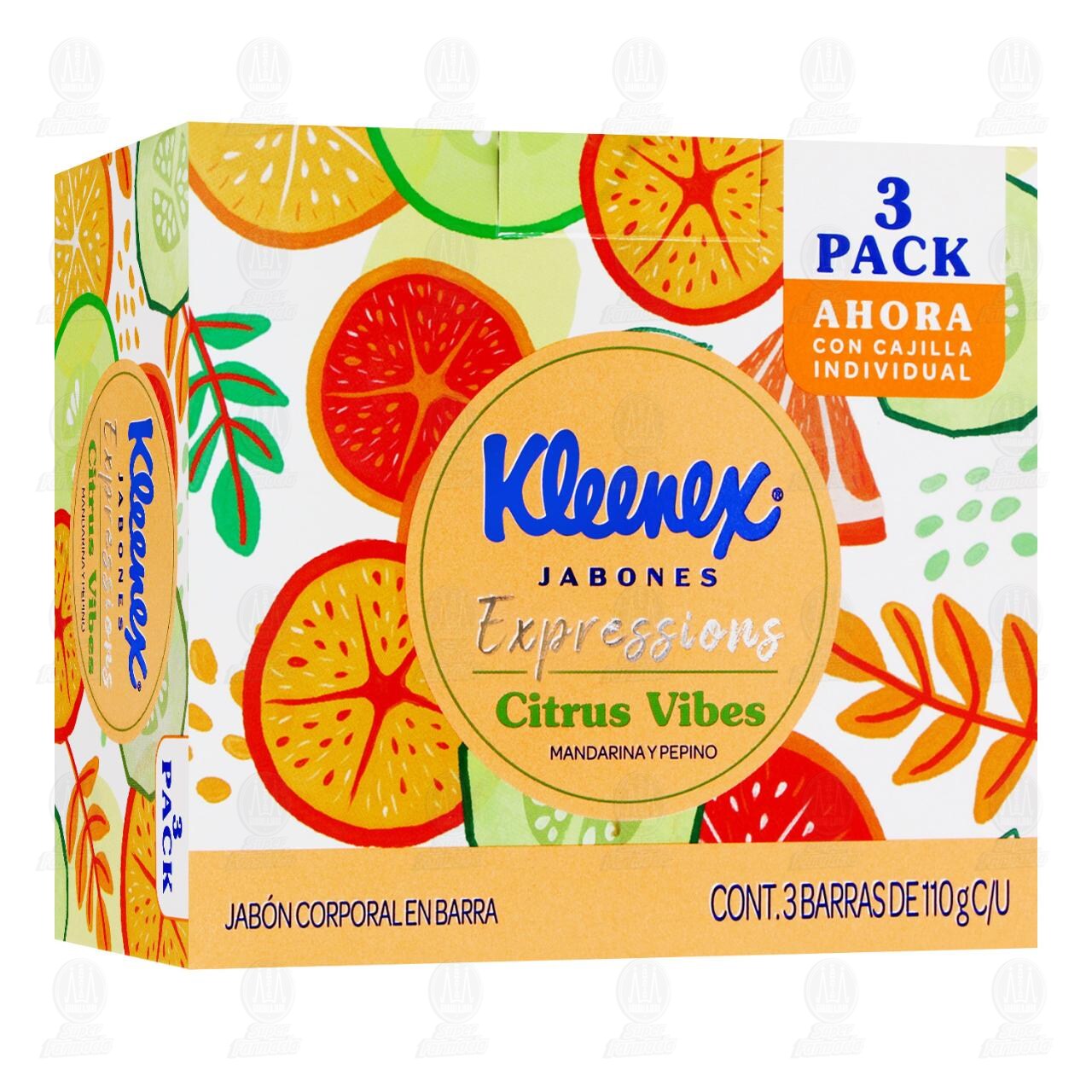 Pack Jabones Kleenex Expressions Citrus Vibes Toronja y Mandarina y Pepino, 3 barras de 110 gr c/u.