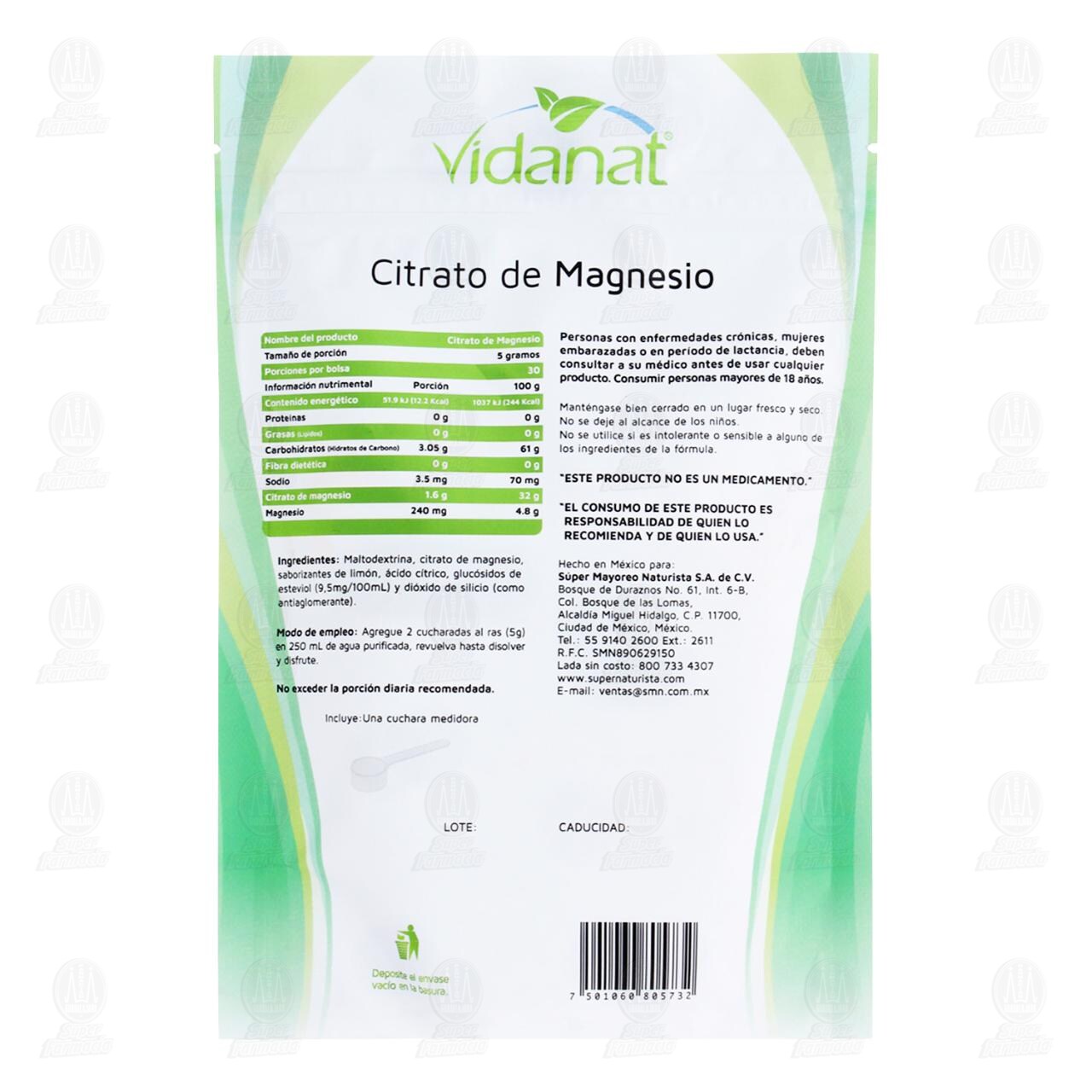 Suplemento Alimenticio Vidanat Citrato de Magnesio Sabor Lim&oacute;n, 150 gr. image number 1