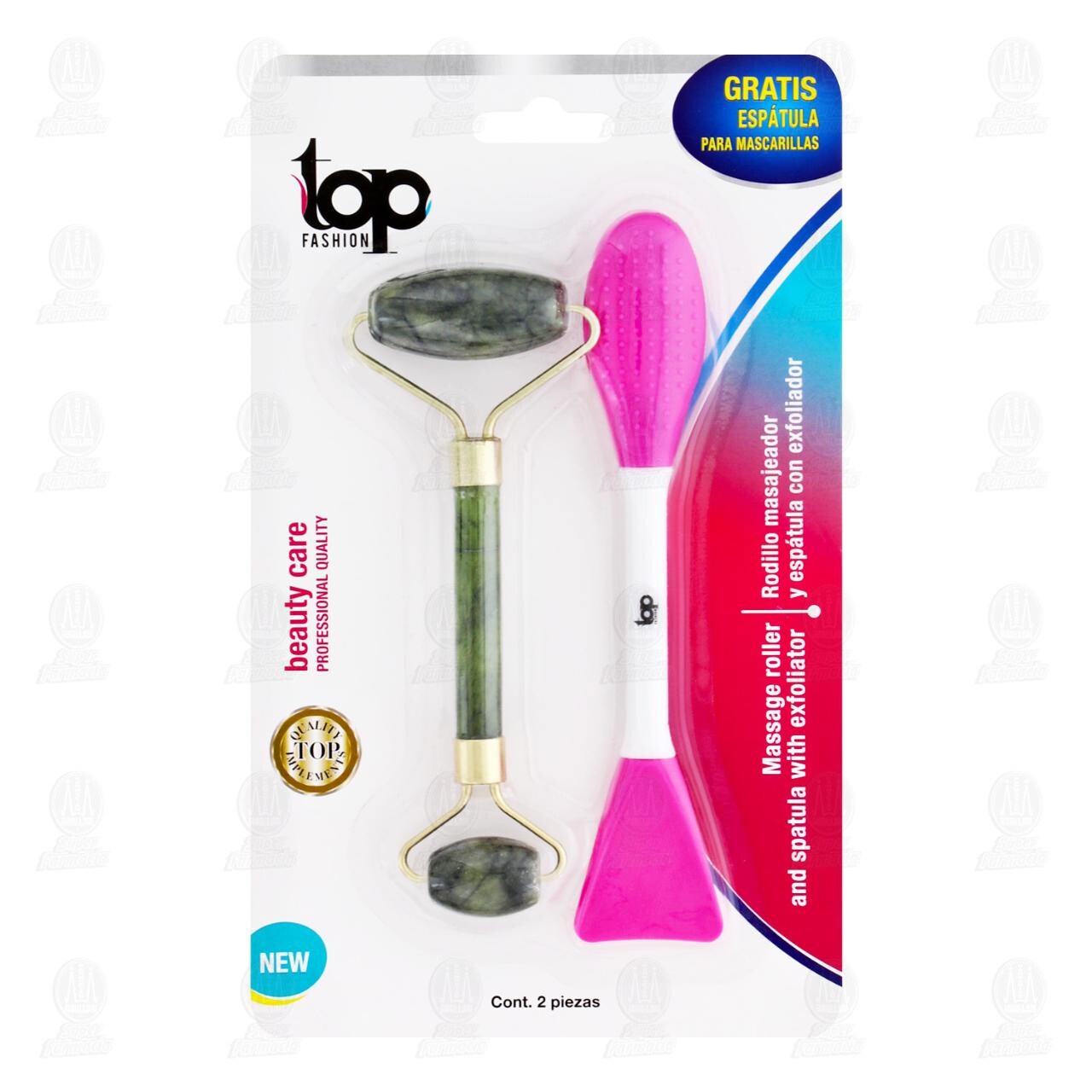 Rodillo Masajeador Top Fashion más Espátula para Mascarillas con Exfoliador, 2 pzas.