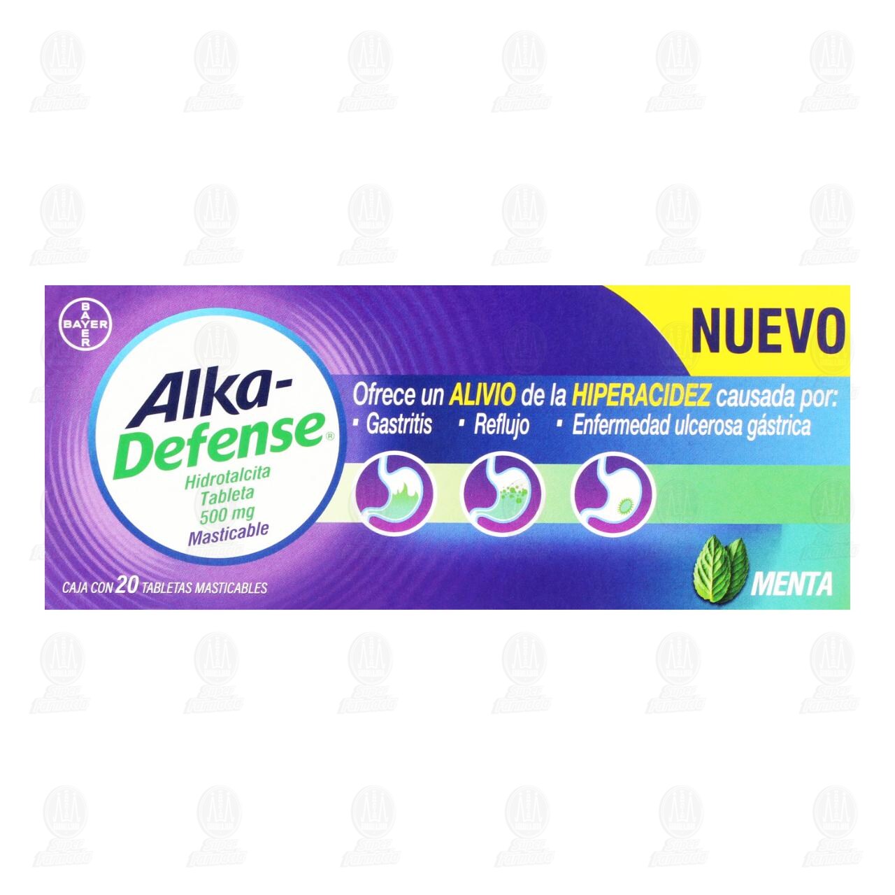 Alka-Defense 500 mg Sabor Menta, 20 Tabletas Masticables. image number 1