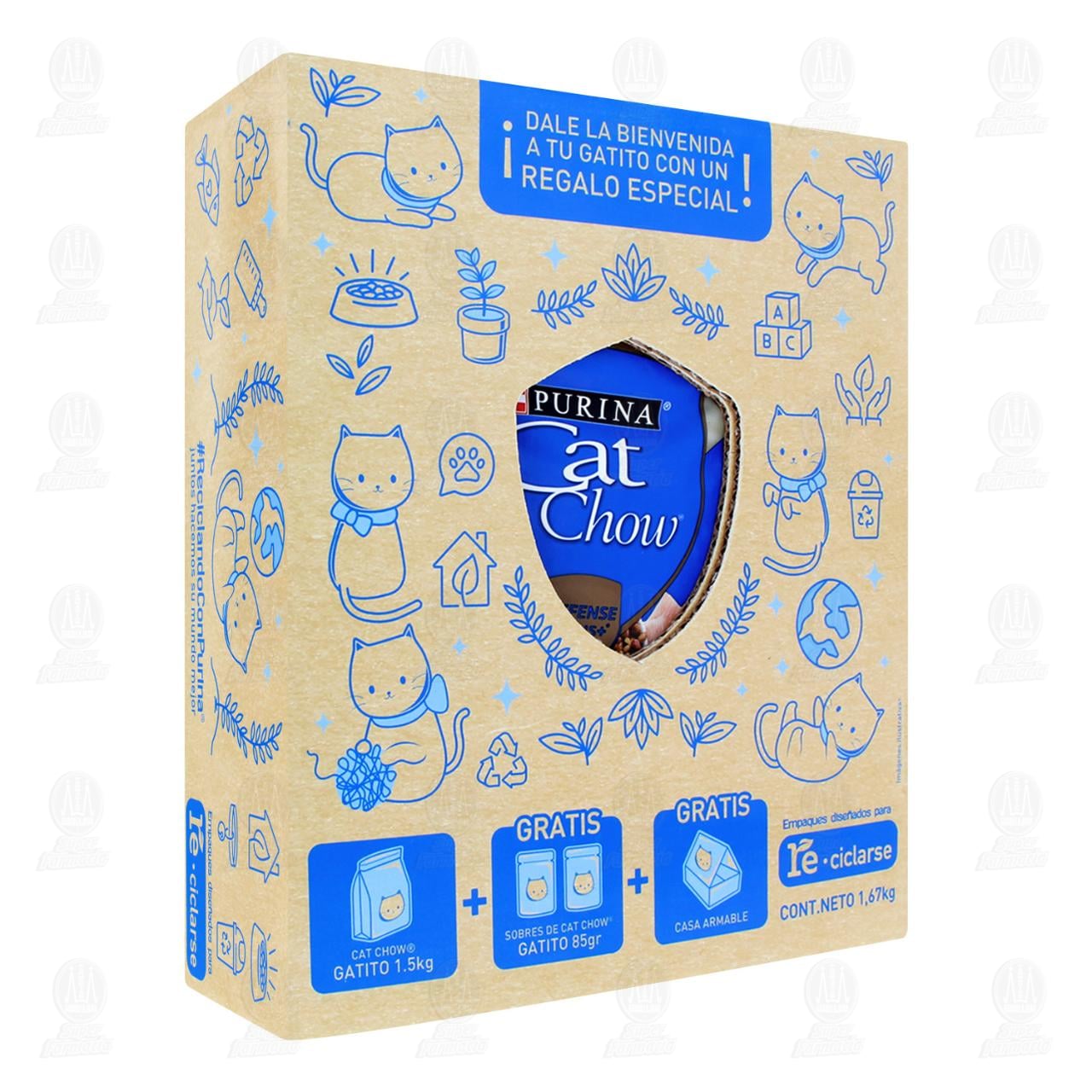 Imagen para Kit Purina Cat Chow, 1 Cat Chow 1.5 kg + 2 Sobres Cat Chow 85 gr + Casa Armable gratis. 3 pzas.