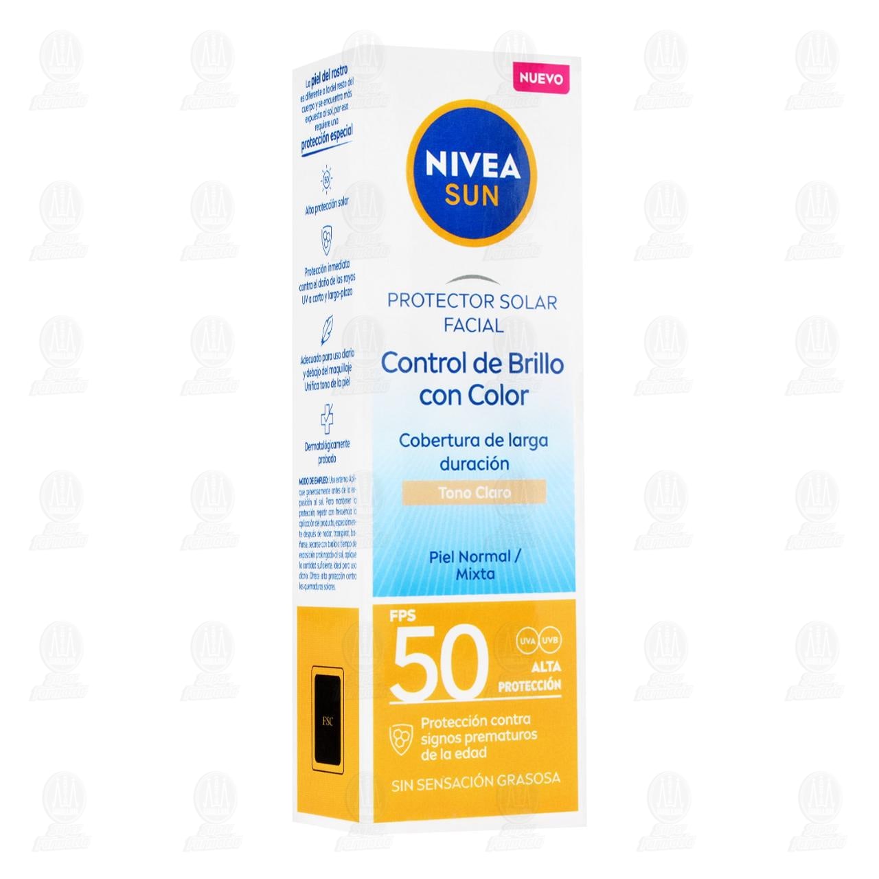 Imagen para Nivea Sun Protector Solar Facial FPS 50 Control de Brillo con Color Tono Claro, 50 ml.