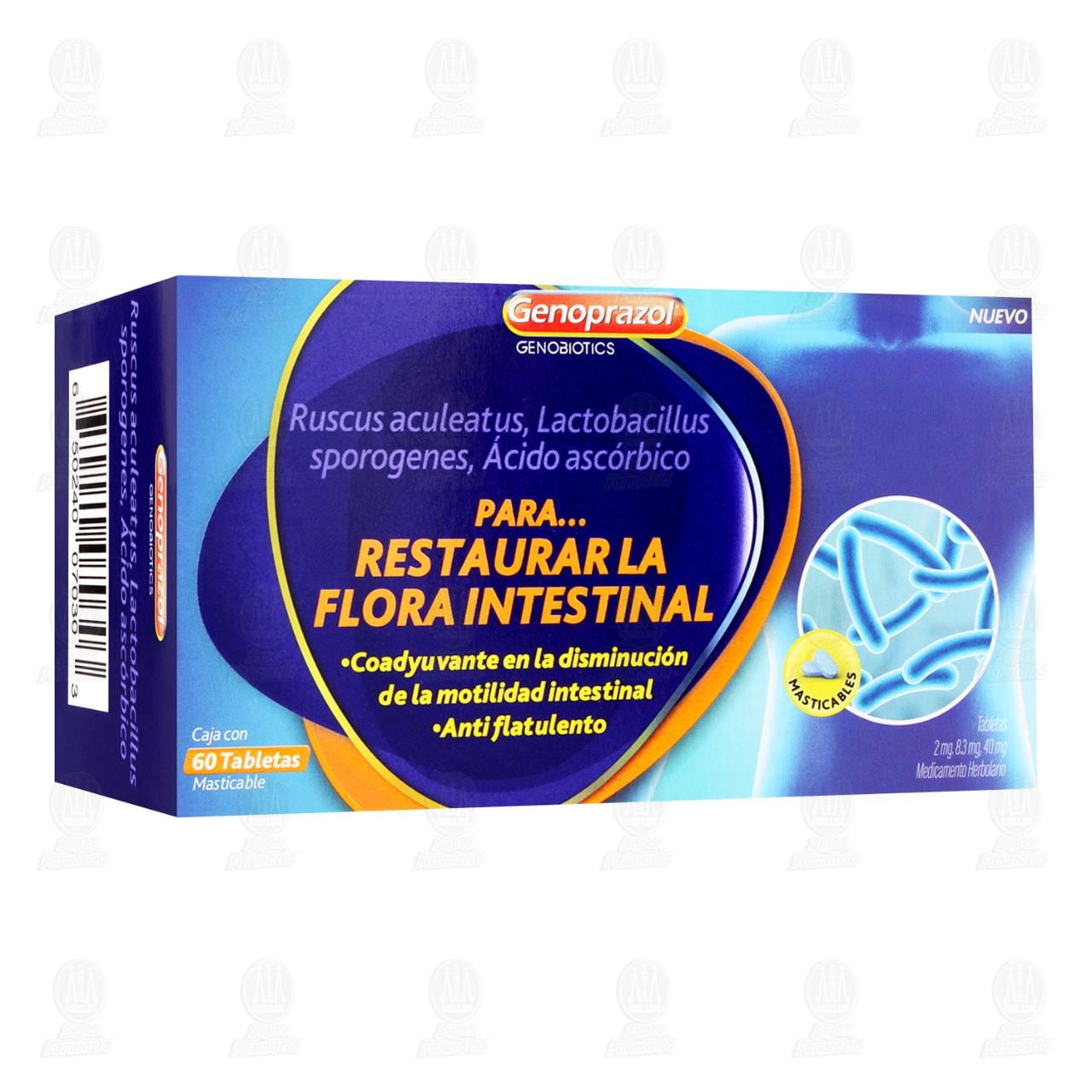 Imagen para Genoprazol 2mg/ 8.3mg/ 40mg, 60 Tabletas Masticables.