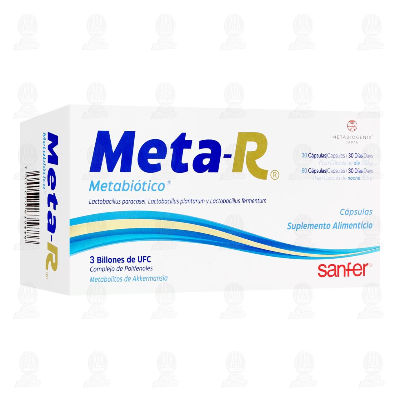 Suplemento Alimenticio Meta-R Metabiótico 3 Billones de UFC, 30 Cápsulas de día y 60 Cápsulas de noche. image number 0