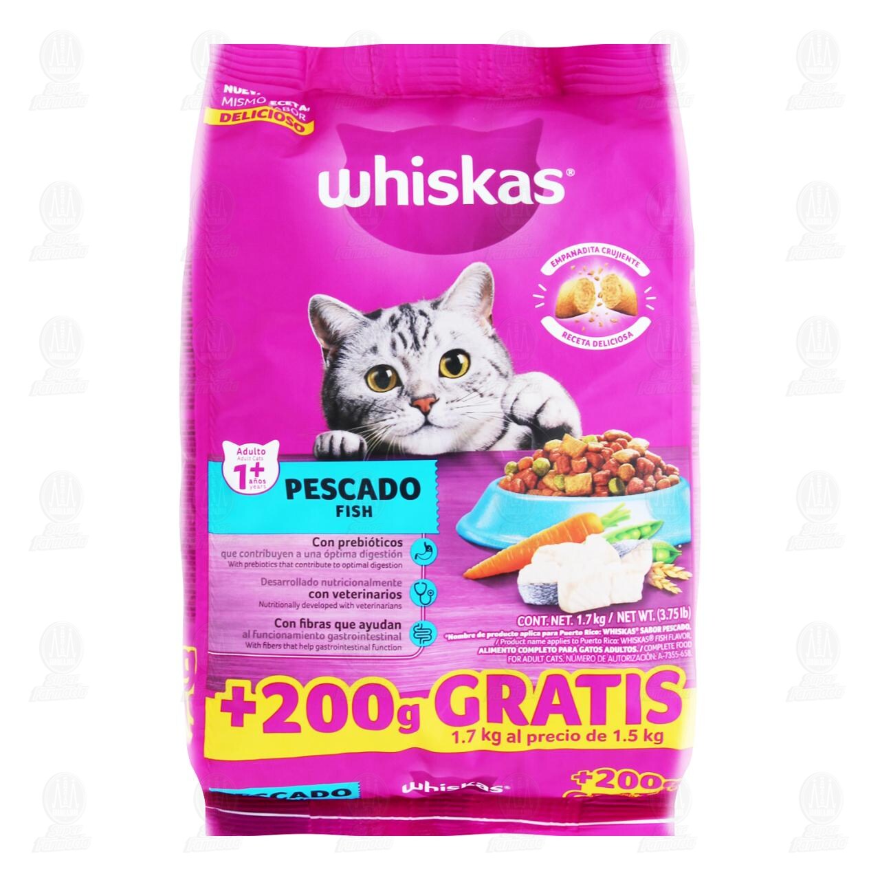 Croquetas Whiskas Sabor Pescado para Gatos Adultos, 1.5 kg (200 gr Gratis).