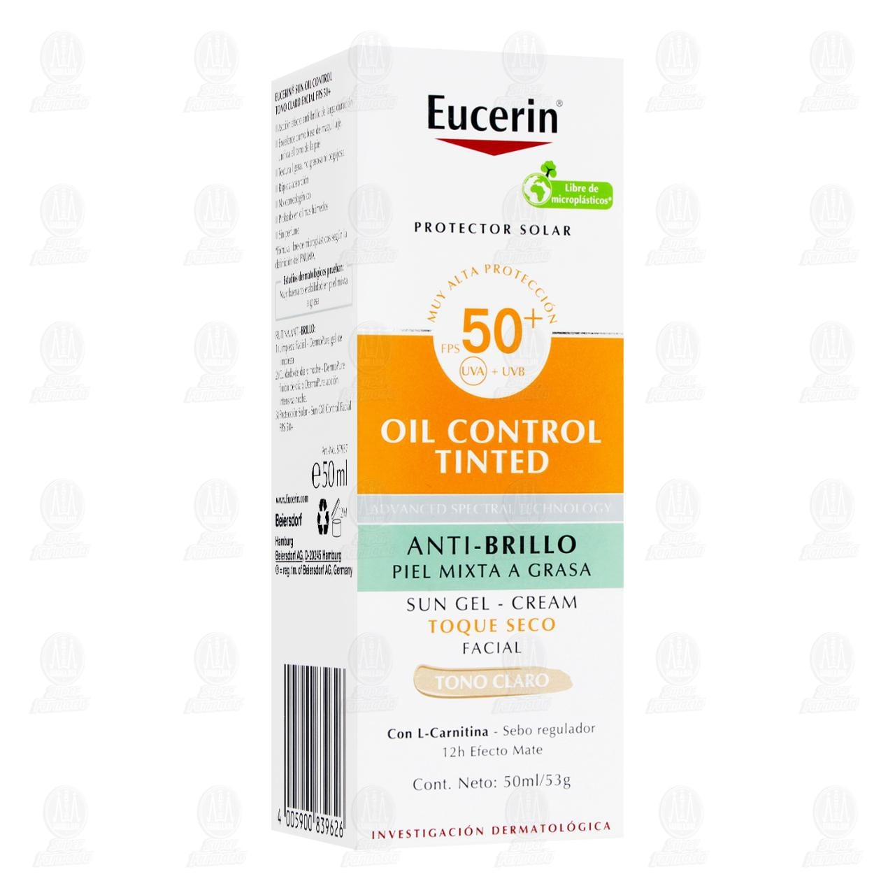 Imagen para Eucerin Protector Solar Facial FPS 50+ Toque Seco Oil Control Tinted Tono Claro, 50 ml.