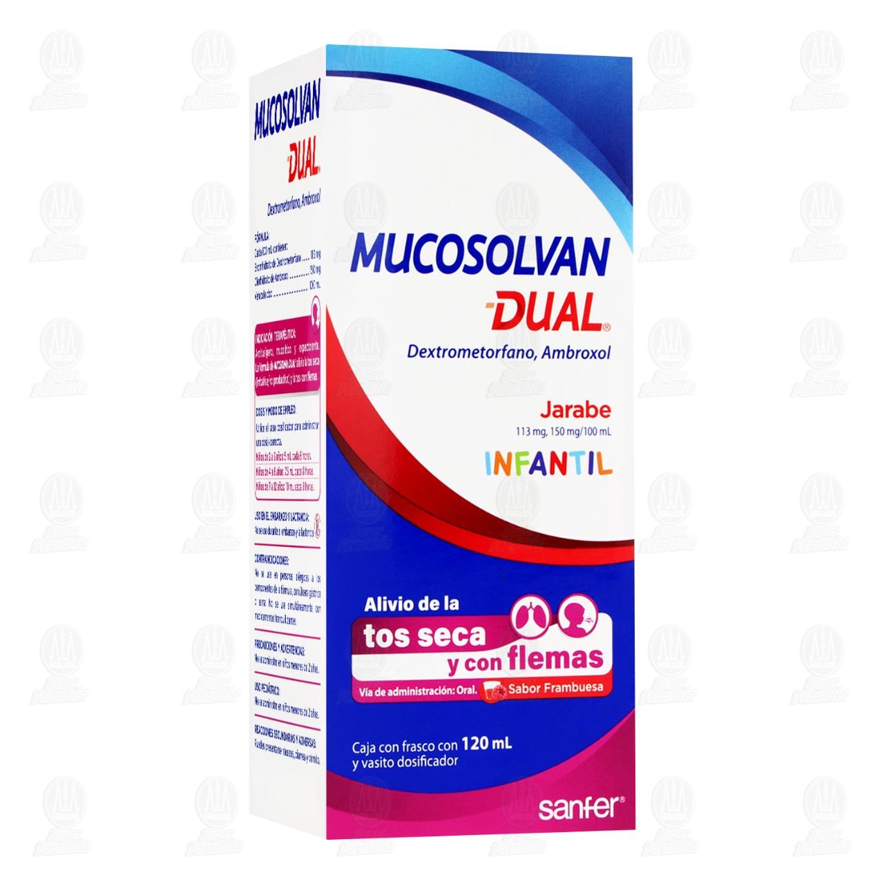 Imagen para Mucosolvan Dual Jarabe Infantil 113mg/150mg/100 ml Sabor Frambuesa, 120 ml.