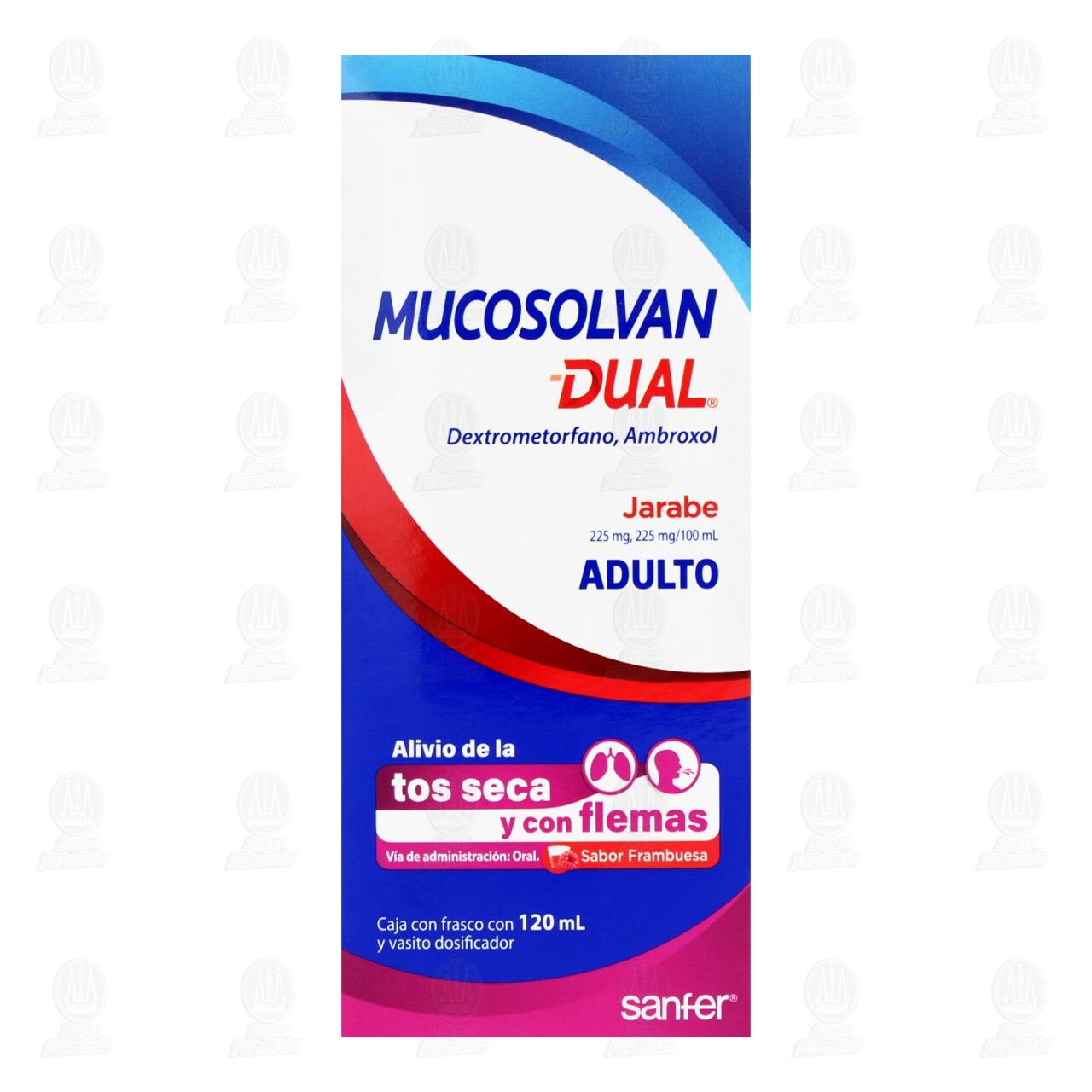 Mucosolvan Dual Jarabe Adulto 225mg/225mg/100ml Sabor Frambuesa, 120 ml. image number 1
