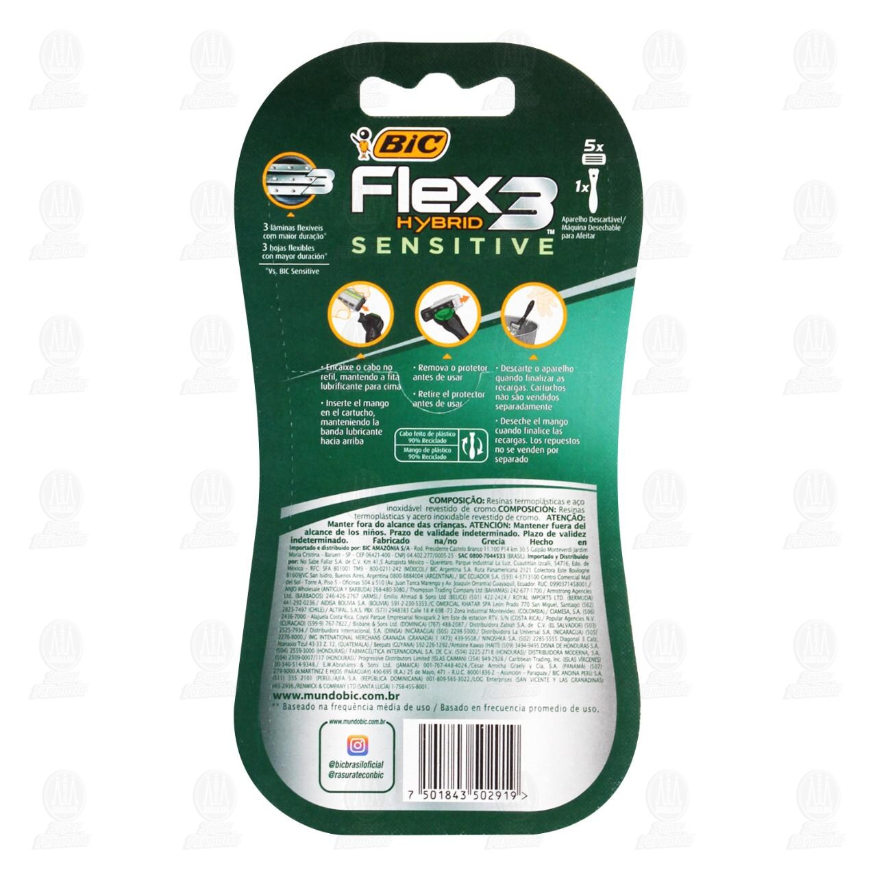 Maquina Bic Desechable para Afeitar Flex 3 Hybrid Sensitive con 5 Cartuchos, 6 pzas. image number 1