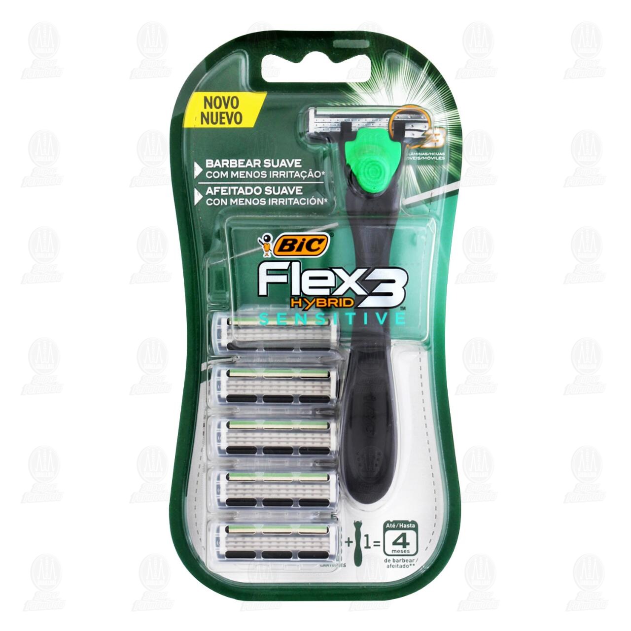 Maquina Bic Desechable para Afeitar Flex 3 Hybrid Sensitive con 5 Cartuchos, 6 pzas.