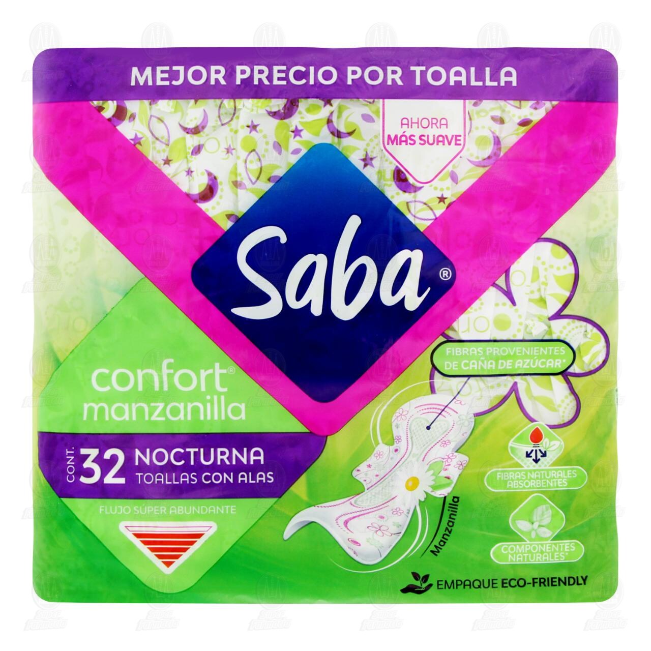 Toallas Femeninas Saba Confort Manzanilla Nocturna con Alas, 32 pzas. image number 1