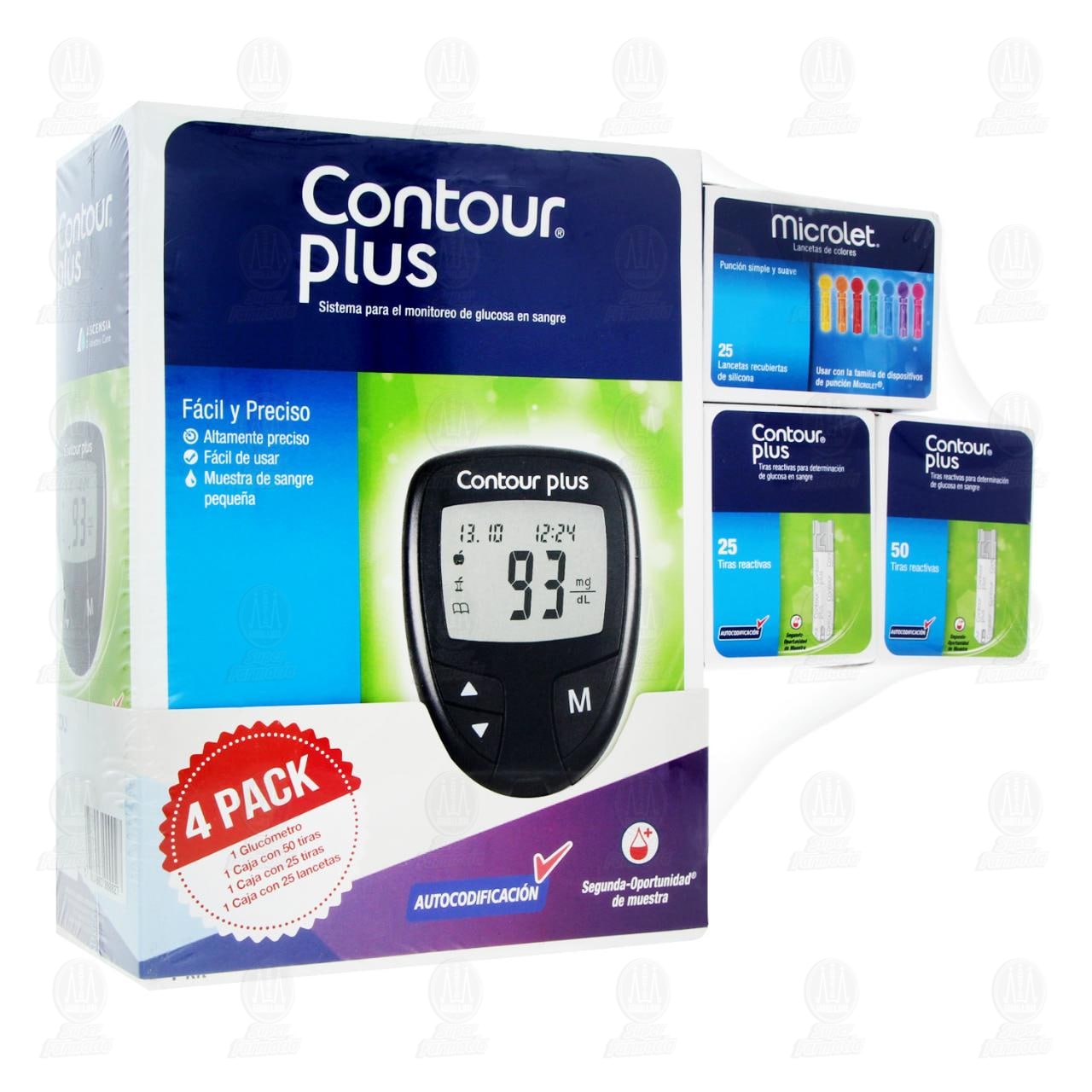 Imagen para Pack Contour Plus Glucómetro + 50 Tiras Reactivas + 25 Tiras Reactivas + Microlet 25 Lancetas, 4 pzas.