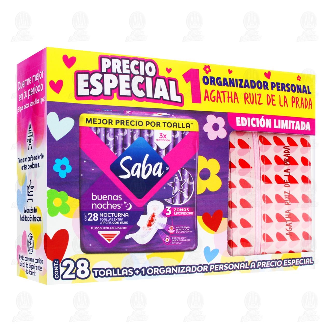 Imagen para Pack Toallas Femeninas Saba Buenas Noches Nocturna Extra Larga + 1 Organizador Personal a Precio Especial, 2 pzas.