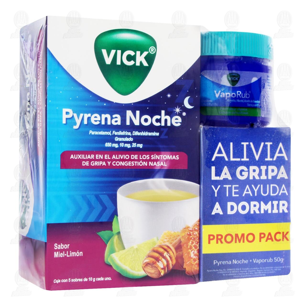 Pack Vick Pyrena Noche 5 Sobres + Vick Vaporub Ung&uuml;ento 50 gr Promo Pack, 2 pzas.