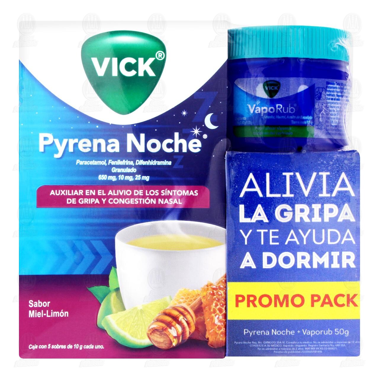 Pack Vick Pyrena Noche 5 Sobres + Vick Vaporub Ung&uuml;ento 50 gr Promo Pack, 2 pzas. image number 1