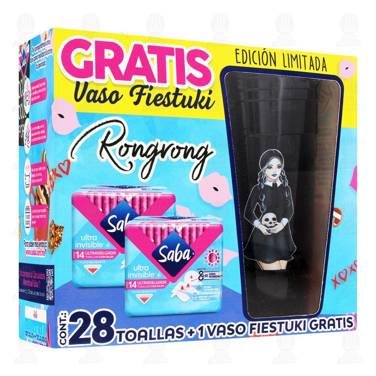 Imagen para Pack Toallas Femeninas Saba Ultra Invisible Ultradelgada con Alas + Vaso Fiestuki Gratis, 3 pzas.