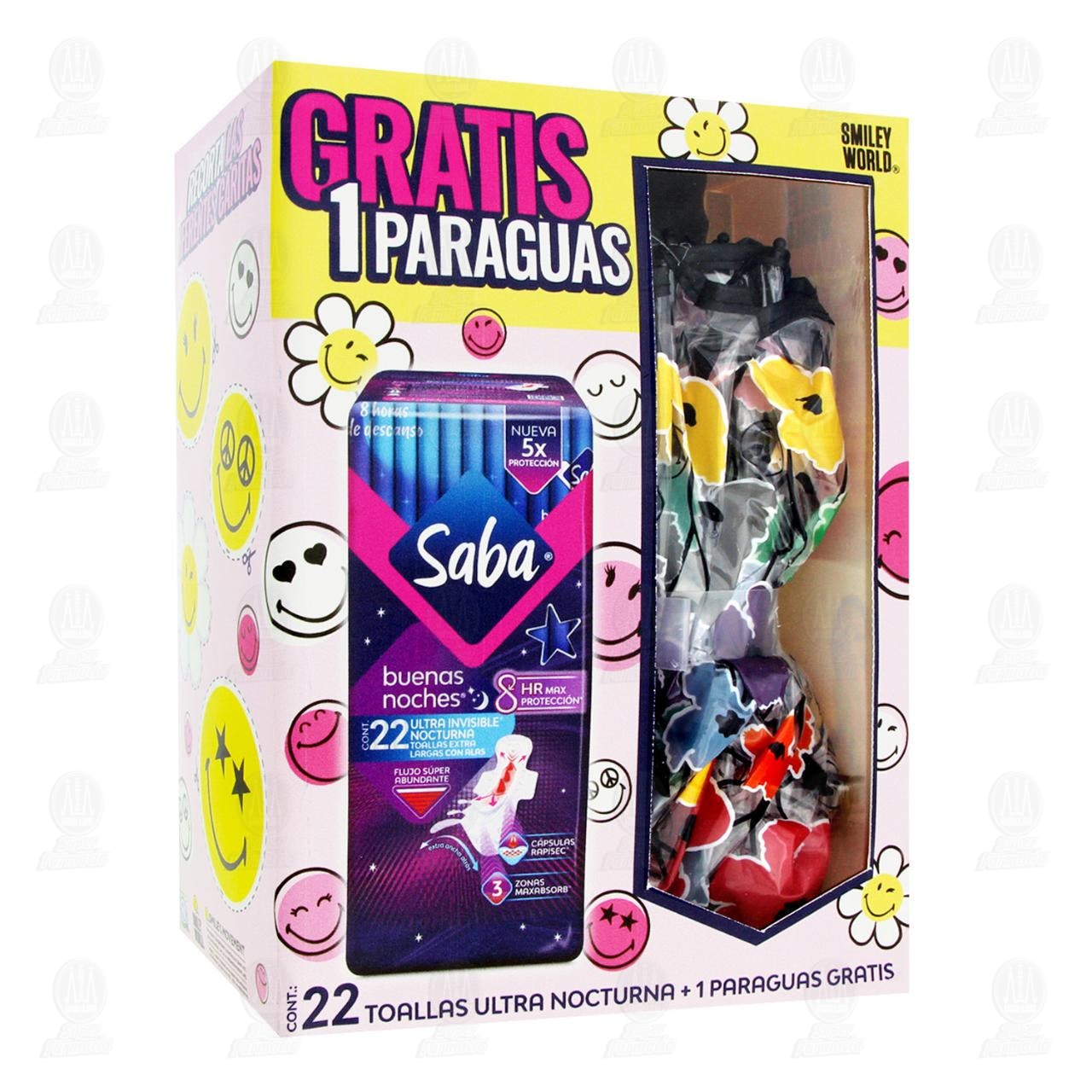 Imagen para Pack Toallas Femeninas Saba Buenas Noches Ultra Nocturna con Alas + 1 Paraguas Gratis, 2 pzas.