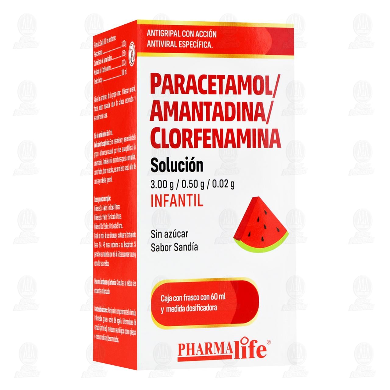 Paracetamol, Amantadina, Clorfenamina 3.00gr/ 0.50gr/ 0.02gr Soluci&oacute;n Infantil Sabor Sand&iacute;a, 60 ml Pharmalife. image number 0