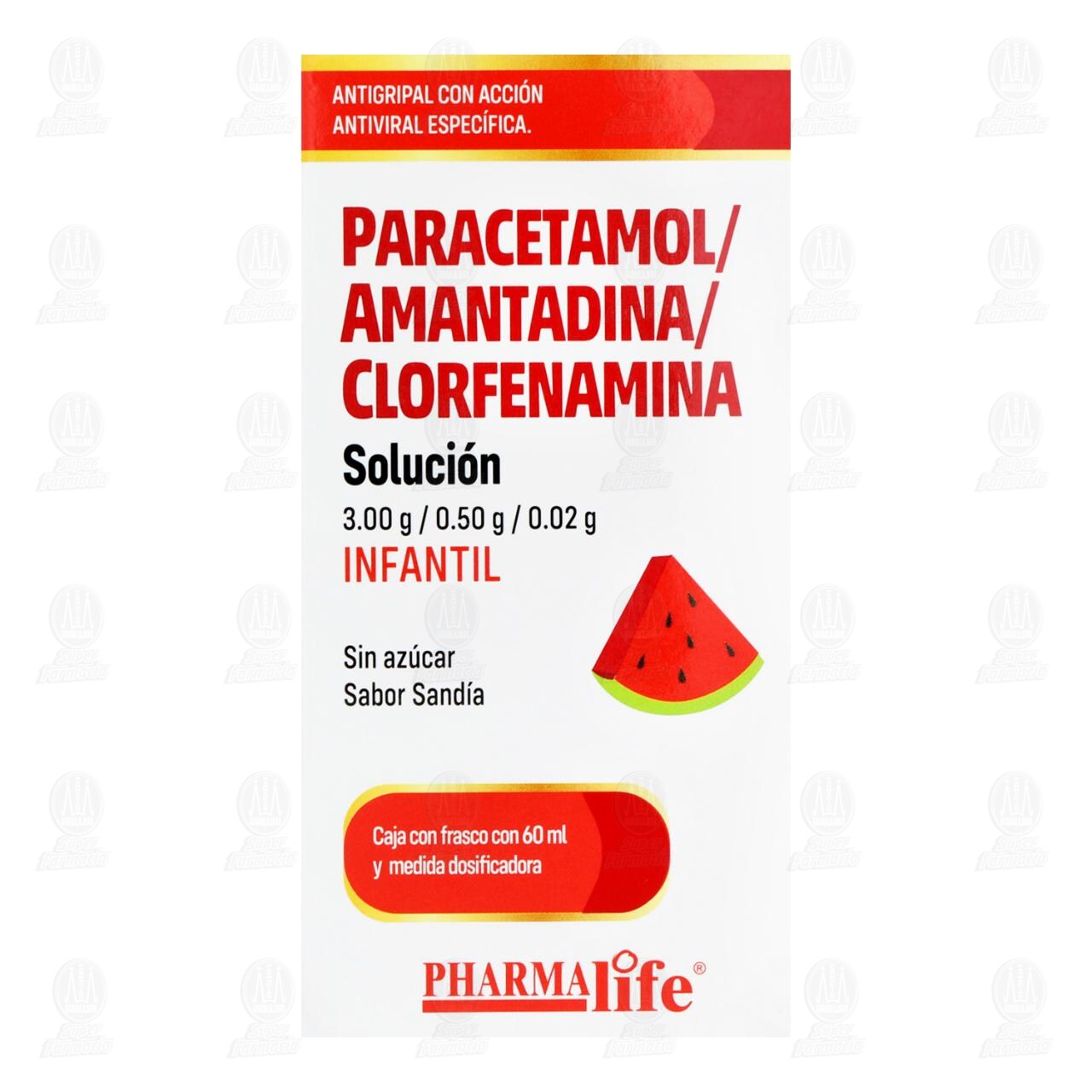 Paracetamol, Amantadina, Clorfenamina 3.00gr/ 0.50gr/ 0.02gr Soluci&oacute;n Infantil Sabor Sand&iacute;a, 60 ml Pharmalife. image number 1