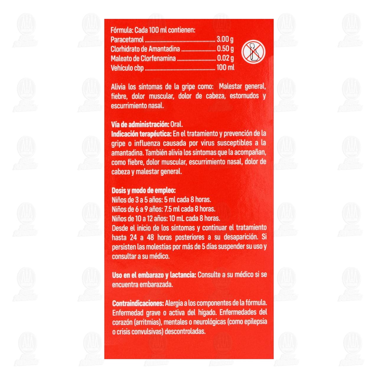 Paracetamol, Amantadina, Clorfenamina 3.00gr/ 0.50gr/ 0.02gr Soluci&oacute;n Infantil Sabor Sand&iacute;a, 60 ml Pharmalife. image number 2