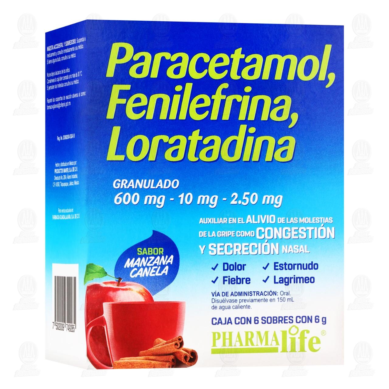 Paracetamol, Fenilefrina, Loratadina Sabor Manzana Canela 600mg/10mg/2.50mg, 6 Sobres con 6 gr Pharmalife. image number 0