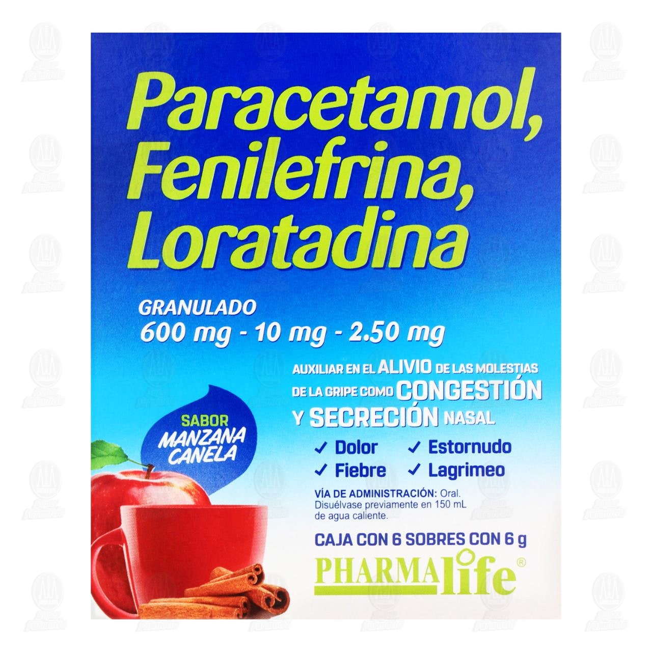 Paracetamol, Fenilefrina, Loratadina Sabor Manzana Canela 600mg/10mg/2.50mg, 6 Sobres con 6 gr Pharmalife. image number 1