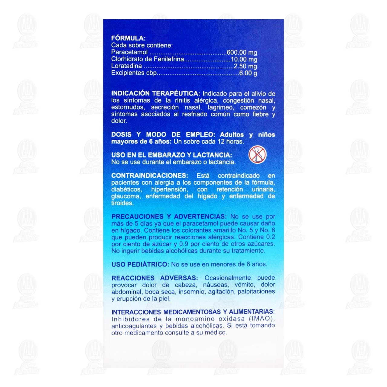 Paracetamol, Fenilefrina, Loratadina Sabor Manzana Canela 600mg/10mg/2.50mg, 6 Sobres con 6 gr Pharmalife. image number 2