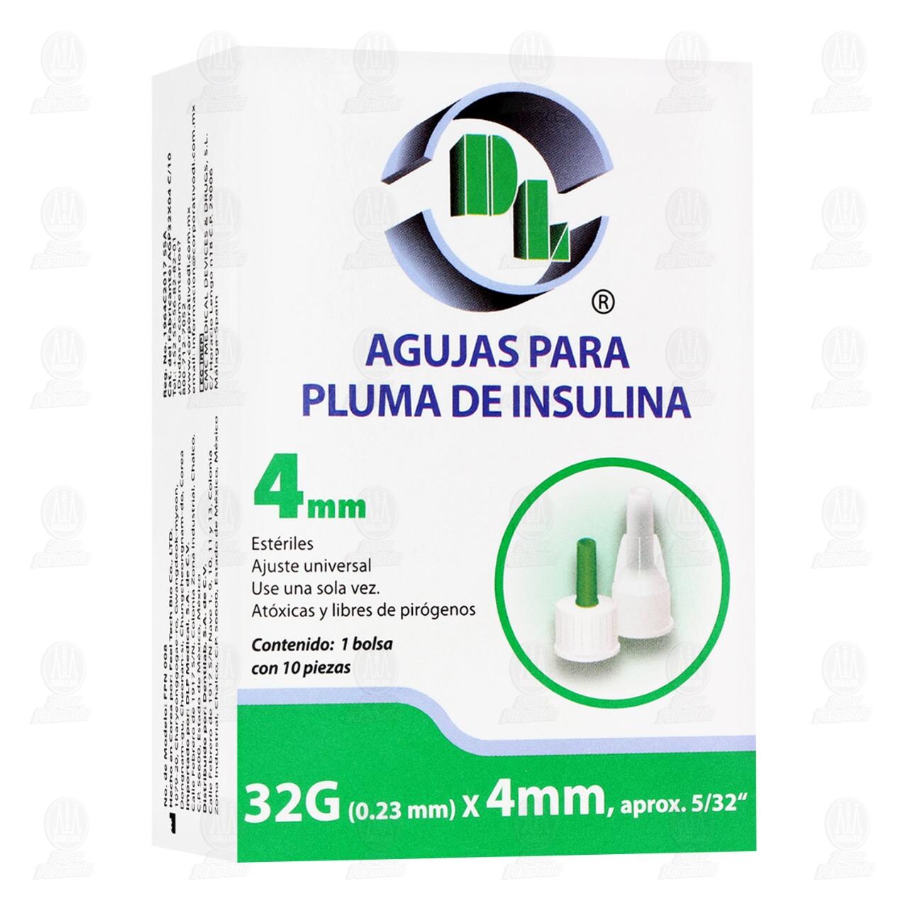 Agujas DL para Pluma de Insulina 32G x 4mm, 10 pzas.