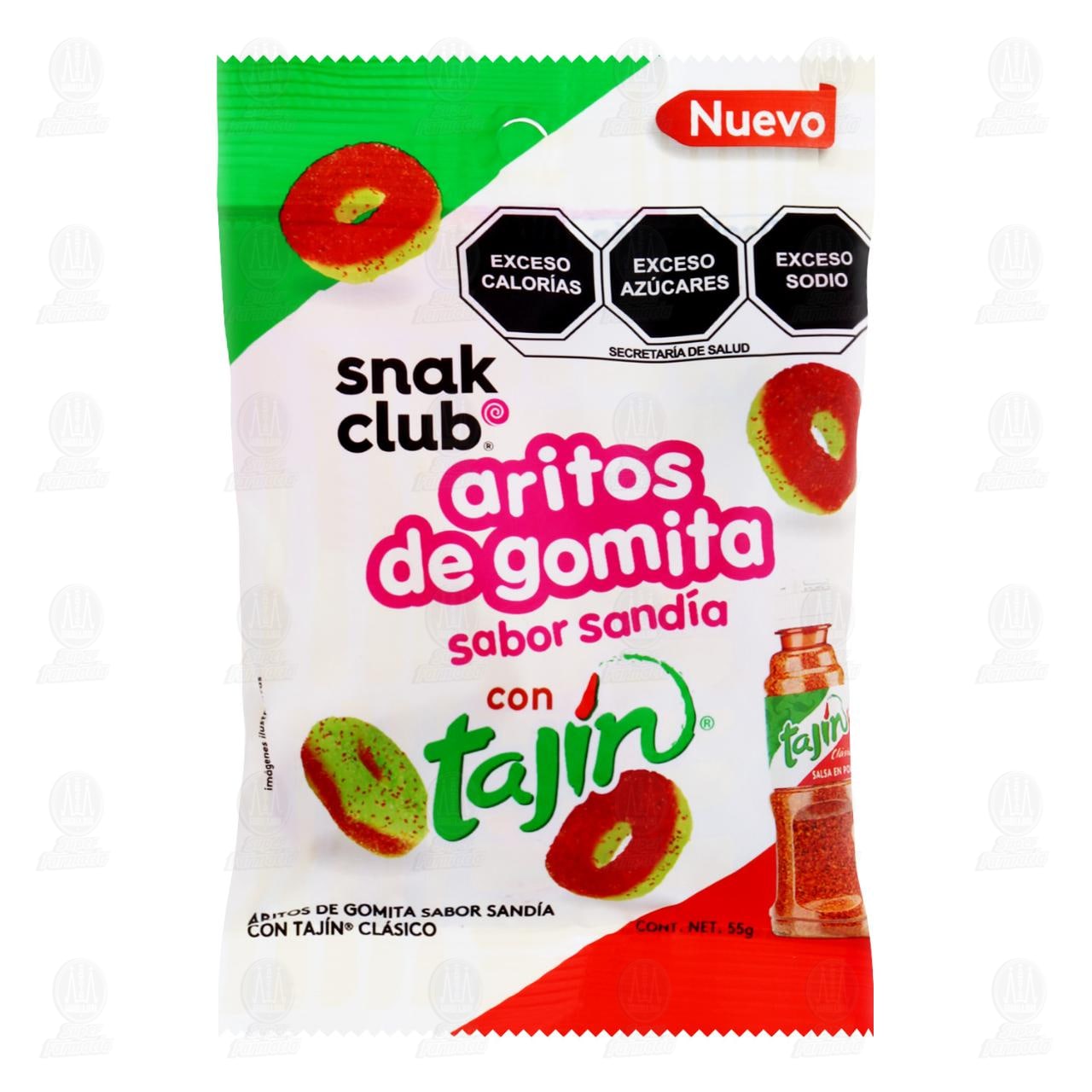 Aritos de Gomita Snak Club Sabor Sand&iacute;a con Taj&iacute;n, 55 gr.