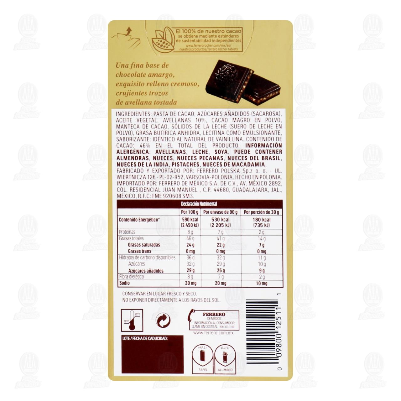 Barra de Chocolate Ferrero Rocher Tablets 70% Cacao, 90 gr. image number 1