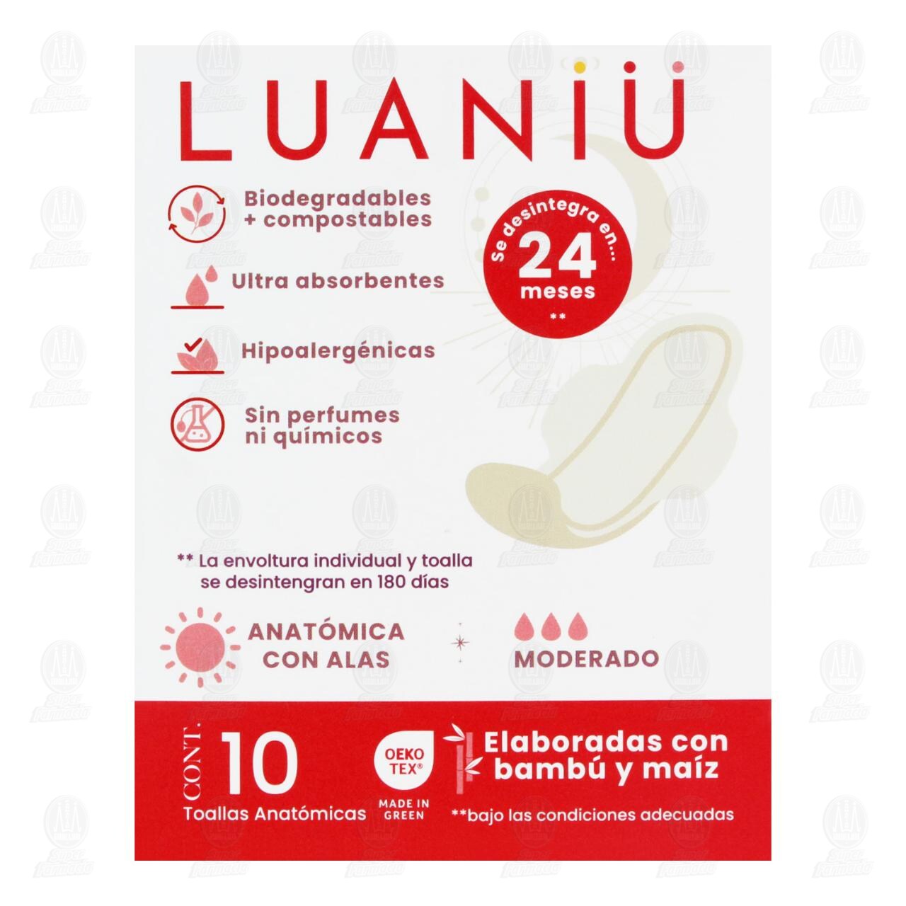 Toallas Femeninas Luani&uuml; Anat&oacute;mica con Alas Moderado, 10 pzas. image number 1