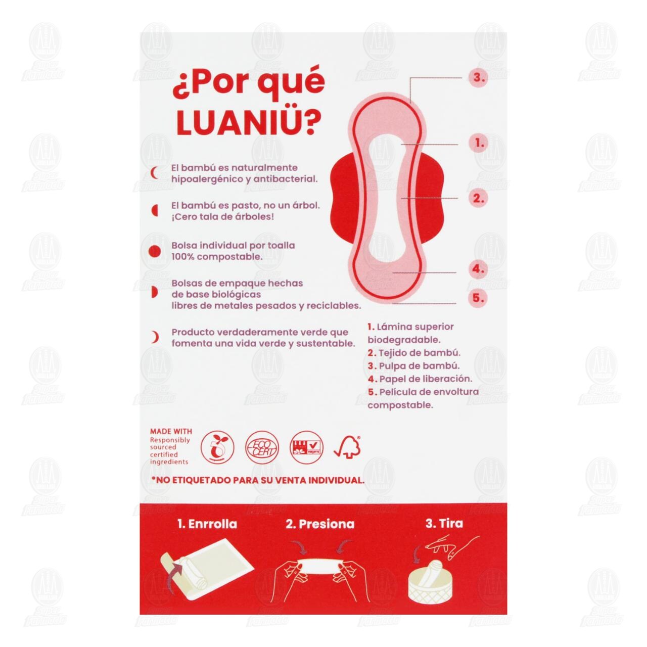 Toallas Femeninas Luani&uuml; Anat&oacute;mica con Alas Moderado, 10 pzas. image number 2