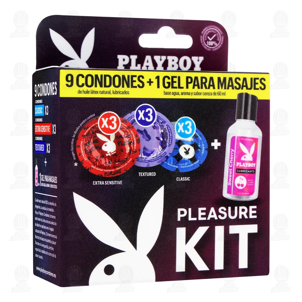 Pack Playboy Pleasure Kit 9 Condones + Gel para Masajes Aroma Cereza de 60 ml, 10 pzas. image number 0