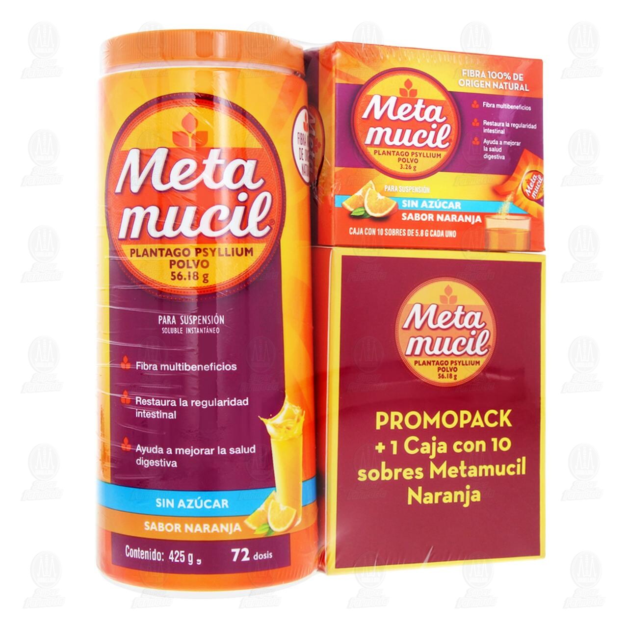 Promopack Metamucil Polvo Sabor Naranja de 425 gr + 10 Sobres Metamucil Sabor Naranja, 2 pzas. image number 0