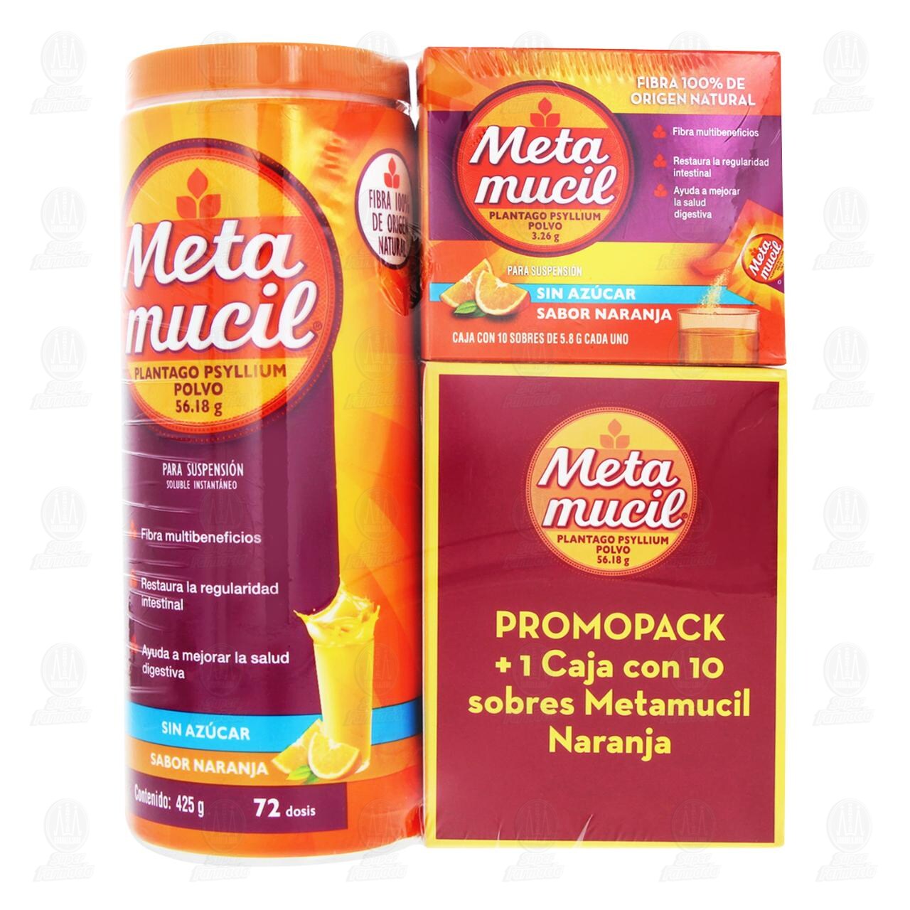 Promopack Metamucil Polvo Sabor Naranja de 425 gr + 10 Sobres Metamucil Sabor Naranja, 2 pzas. image number 1