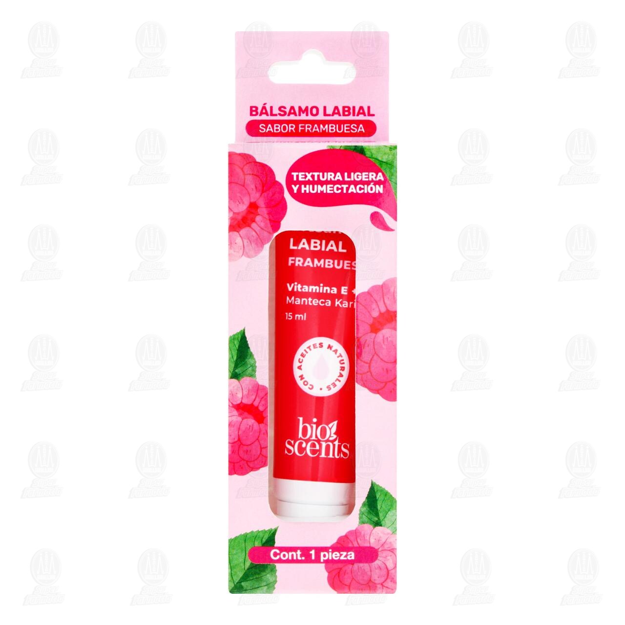 B&aacute;lsamo Labial Bioscents Sabor Frambuesa Textura Ligera y Humectaci&oacute;n, 15 ml. image number 1