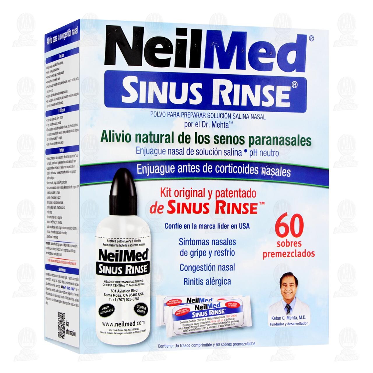Kit Neilmed Sinus Rinse en Polvo para Preparar Soluci&oacute;n Salina Nasal, Frasco Comprimible y 60 Sobres Premezclados.