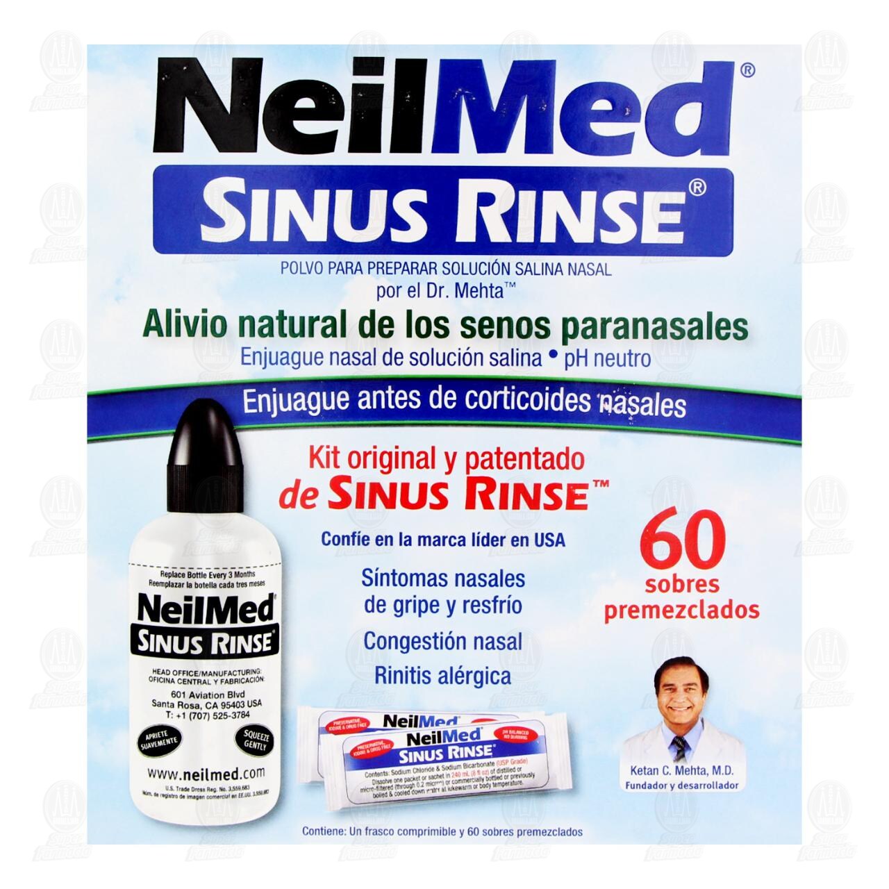 Kit Neilmed Sinus Rinse en Polvo para Preparar Soluci&oacute;n Salina Nasal, Frasco Comprimible y 60 Sobres Premezclados. image number 1