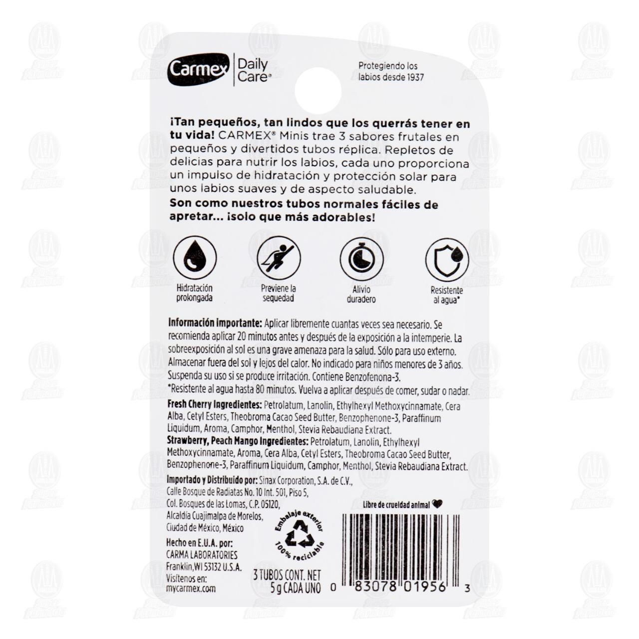 Pack Carmex Minis B&aacute;lsamo Labial Hidratante Fresh Cherry + Strawberry + Peach Mango, 3 pzas. image number 1