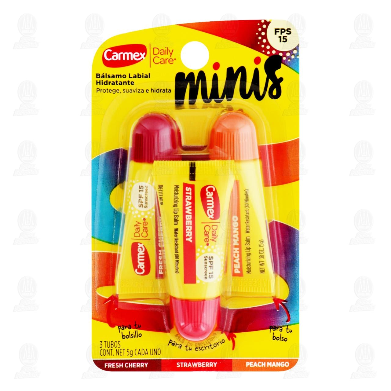 Imagen para Pack Carmex Minis Bálsamo Labial Hidratante Fresh Cherry + Strawberry + Peach Mango, 3 pzas.