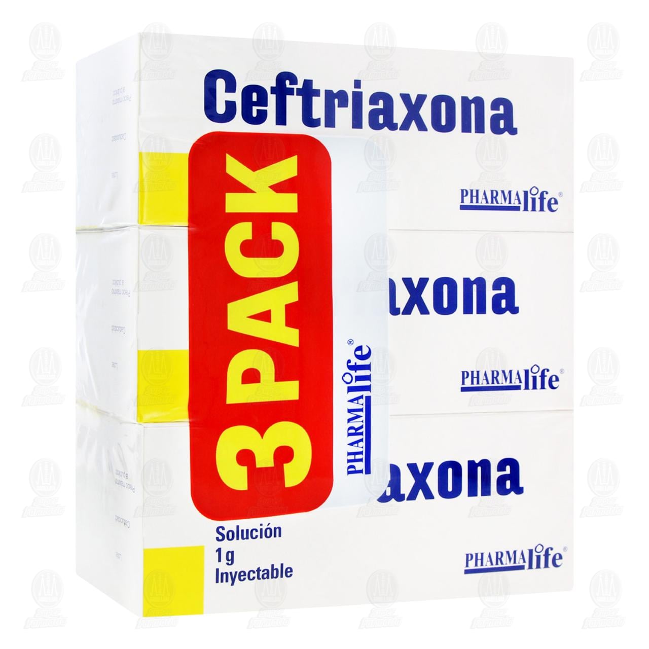 Imagen para Pack Ceftriaxona Solución Inyectable 1 gr Pharmalife, 3 pzas de 3.5 ml c/u.