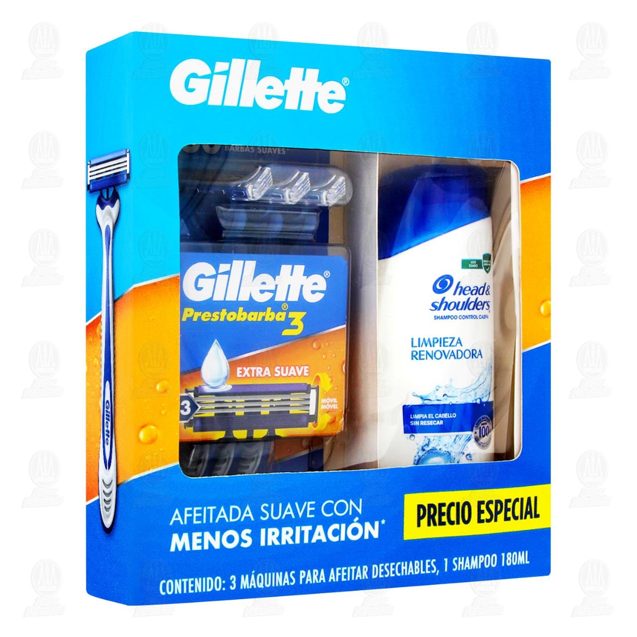 Imagen para Pack Gillette Máquinas para Afeitar Prestobarba 3 con 3 pzas + 1 Shampoo Head & Shoulders de 180 ml, 4 pzas.