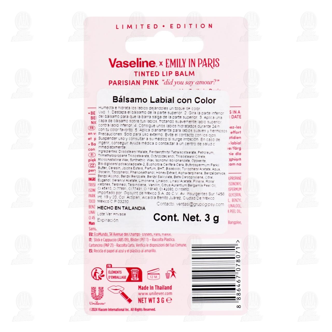 Bálsamo Labial Vaseline Parisian Pink con Color Edición Emily in Paris, 3 gr. image number 1